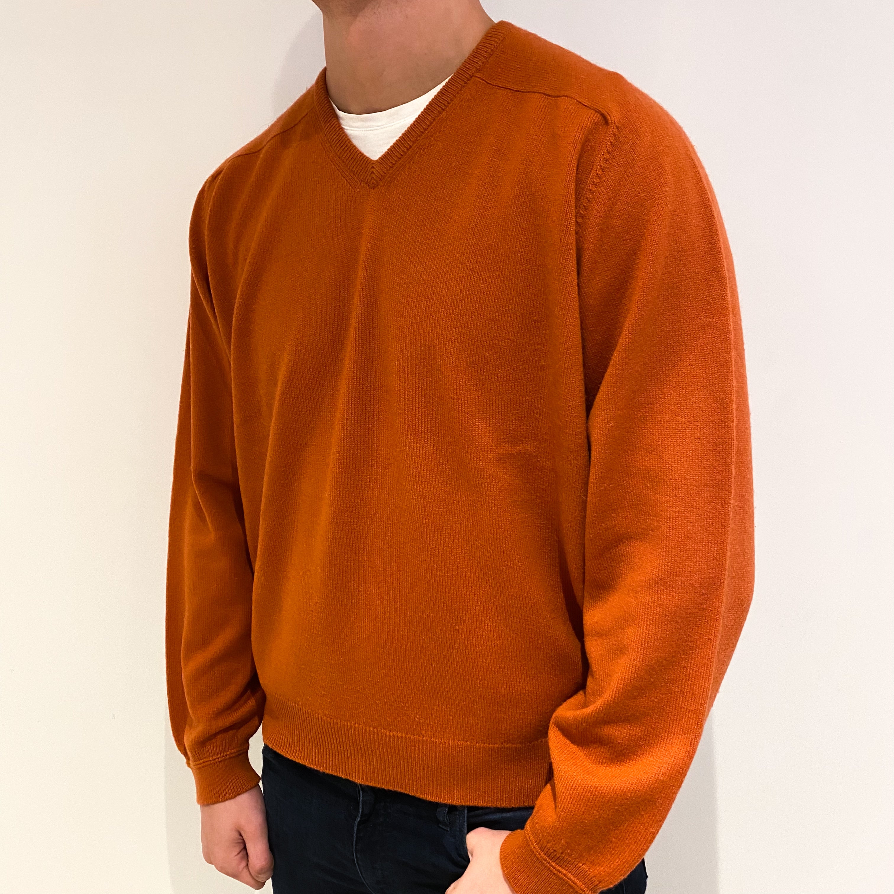 Men's Burnt Orange Cashmere V Neck Jumper XL