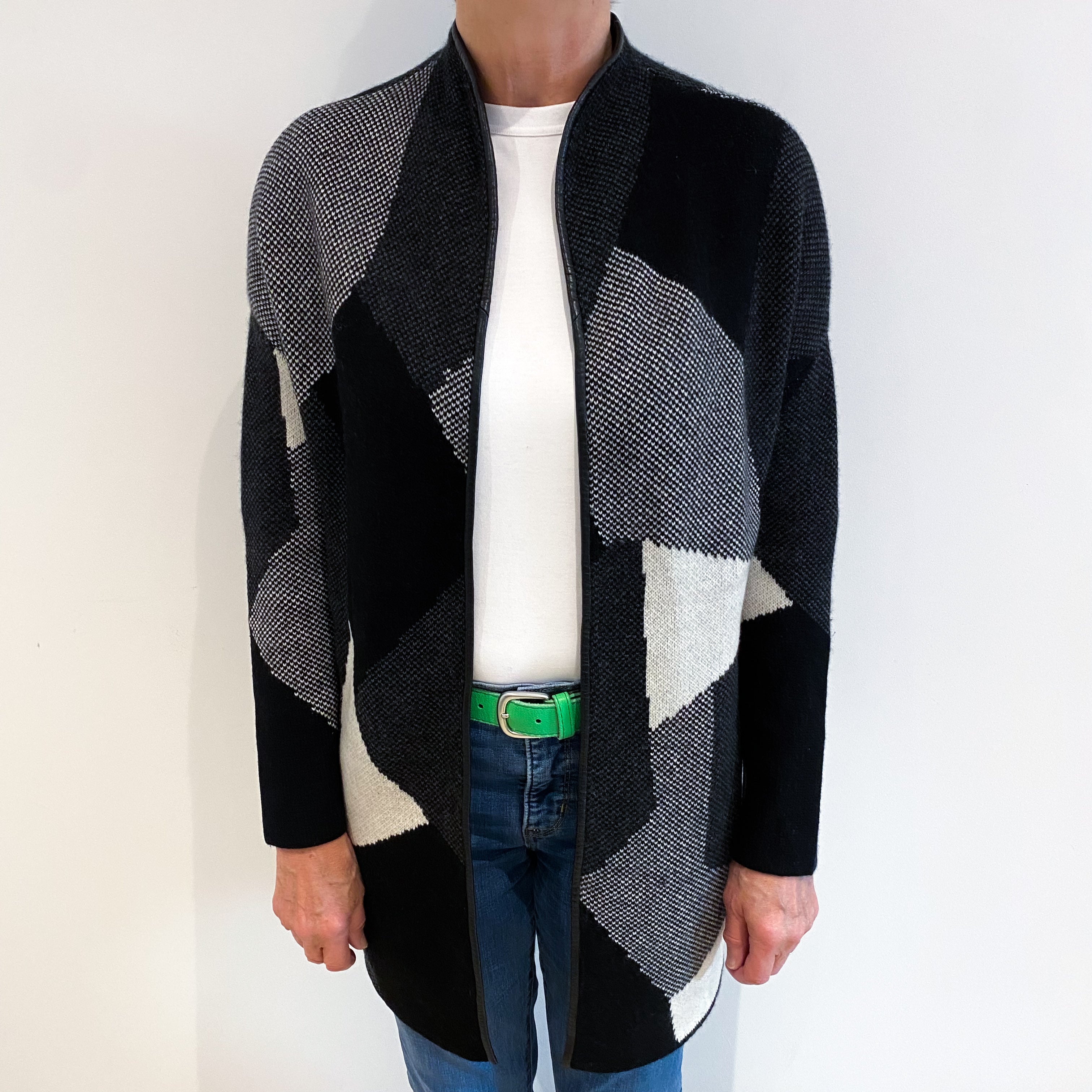 Black Grey Block Print Cashmere Edge to Edge Cardigan Medium