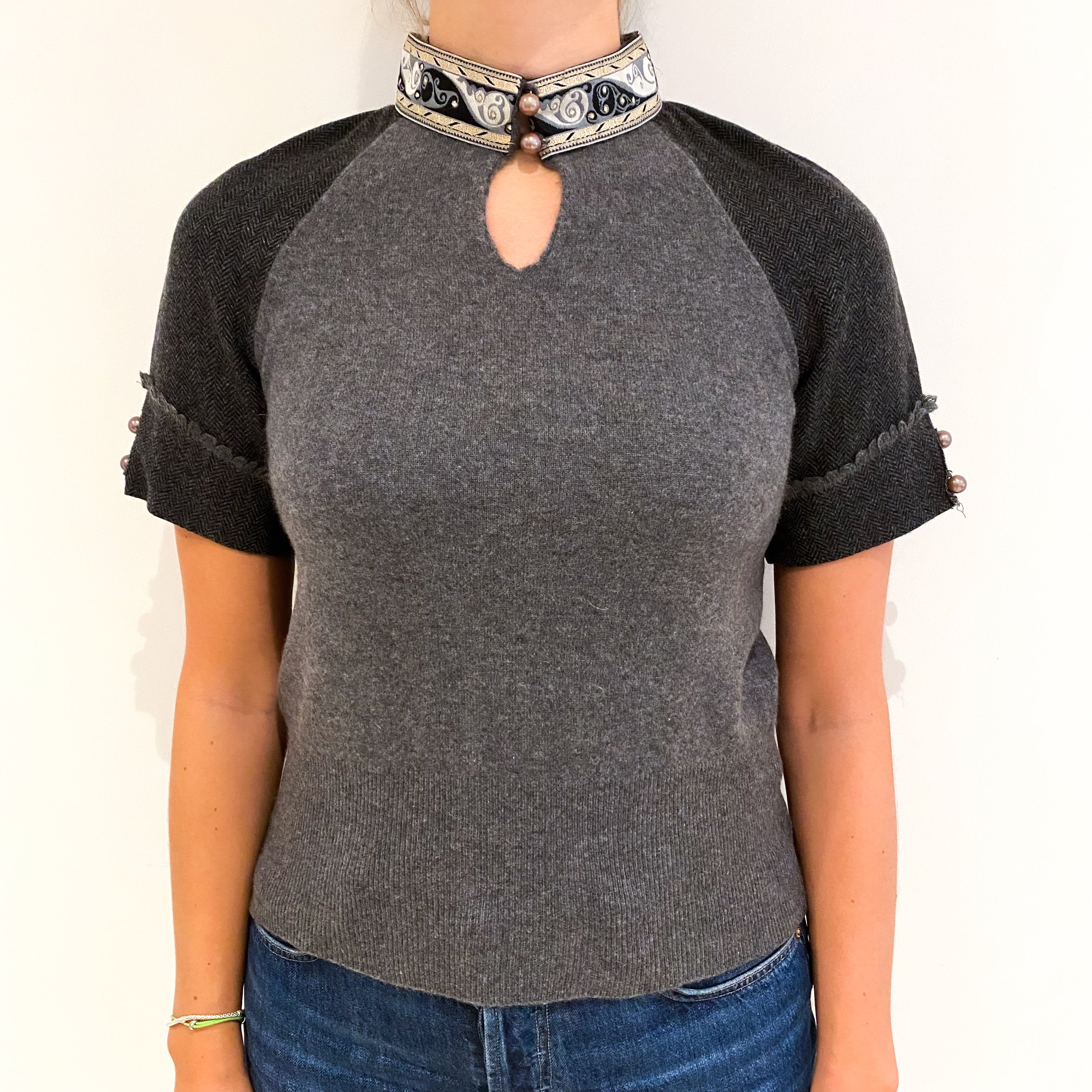 Slate Grey Cashmere Mandarin Collar Short Sleeved Jumper Small