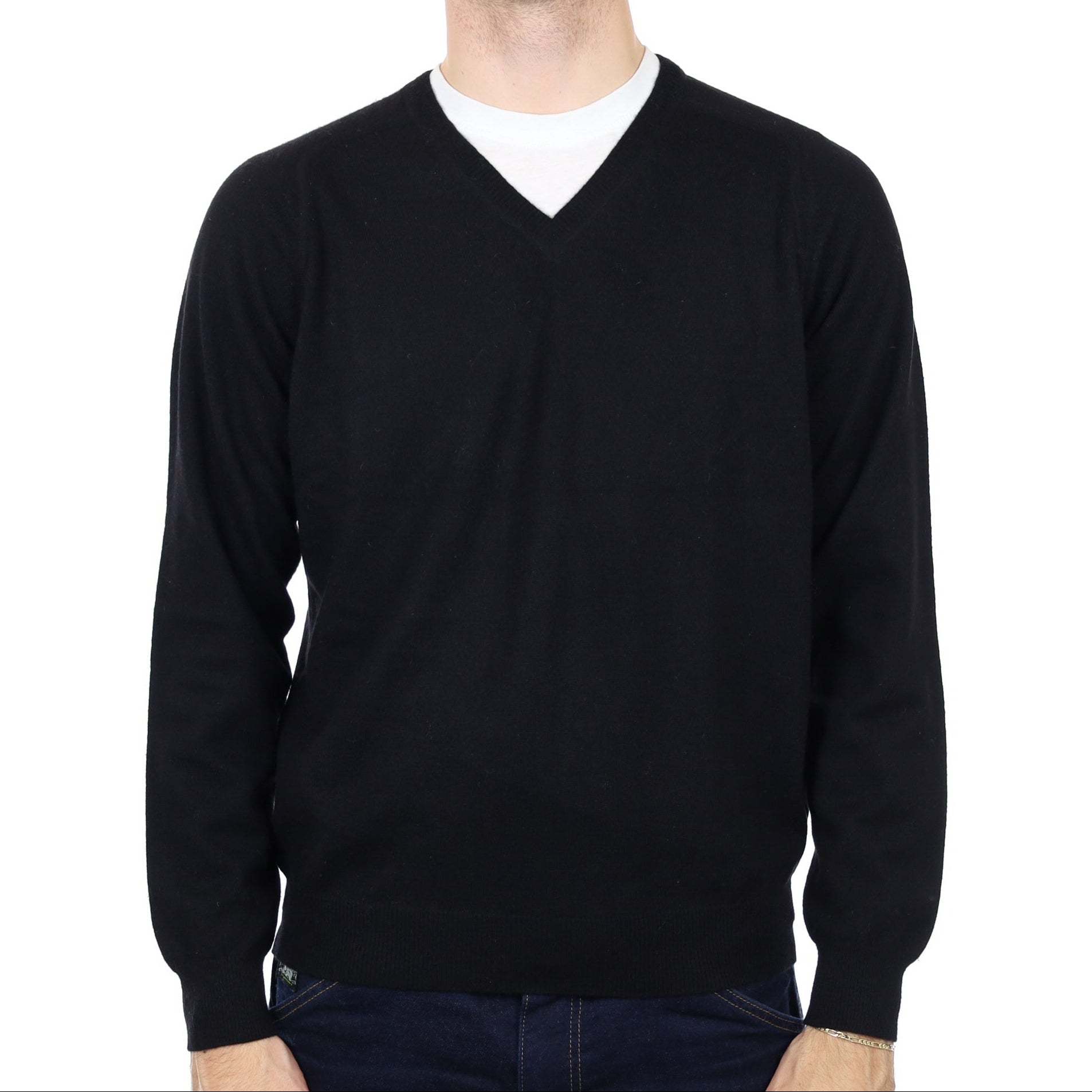 Men's Jaeger Black Cashmere V Neck Jumper Large