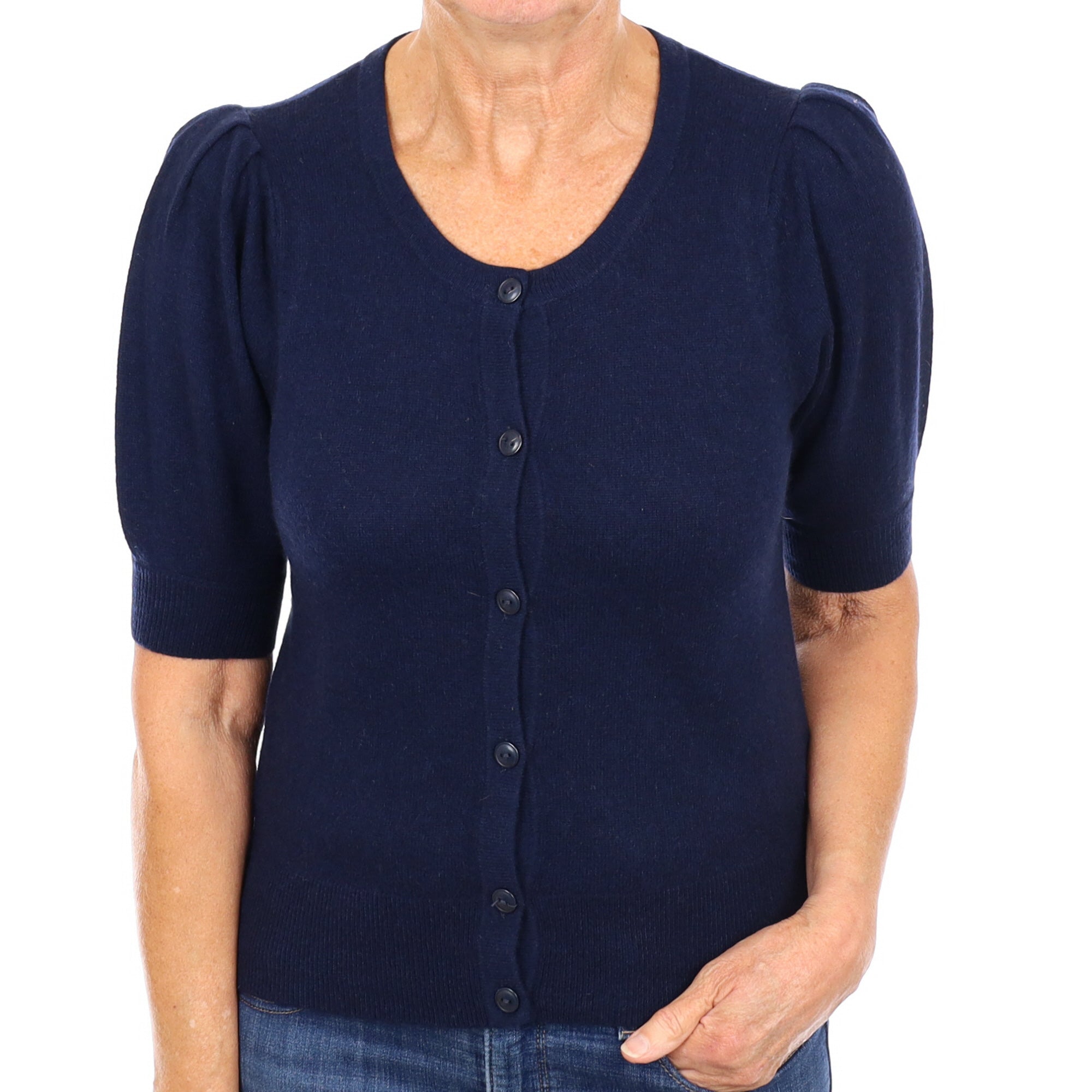 Navy Blue Cashmere Short Puff Sleeve Cardigan Medium