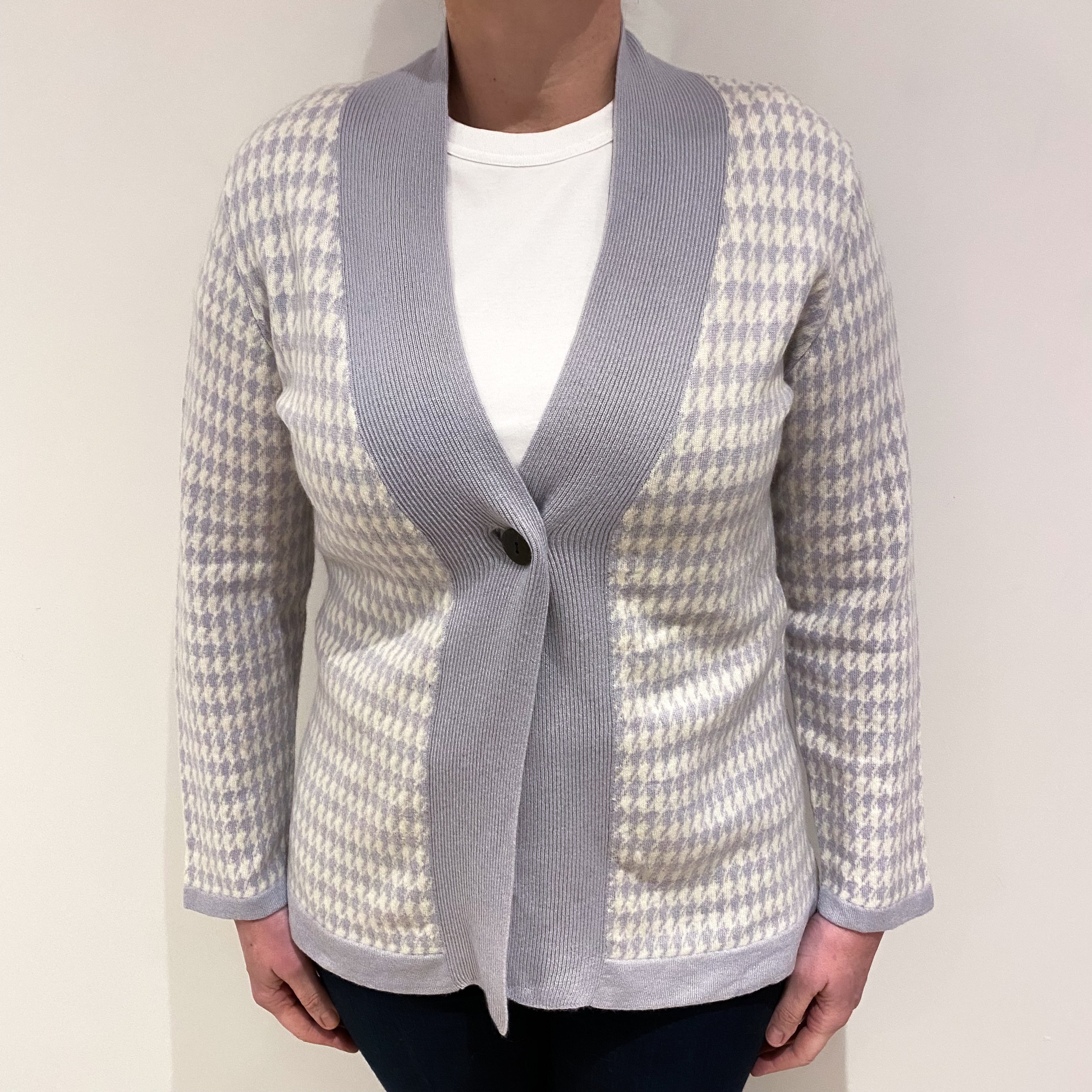 Grey and Cream Dogtooth Cashmere V Neck Cardigan Large
