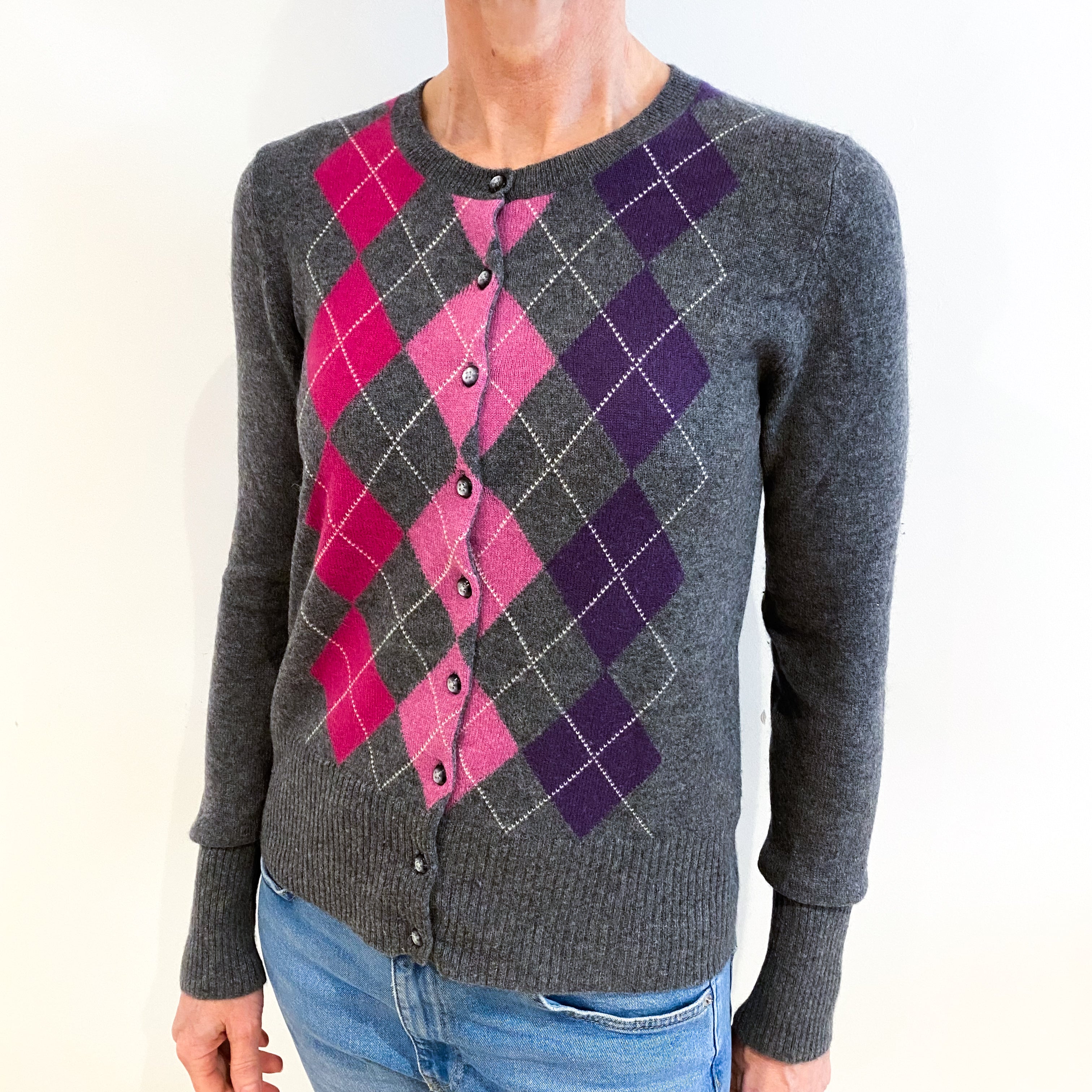 Slate Grey And Purple Argyle Cashmere Cardigan Small