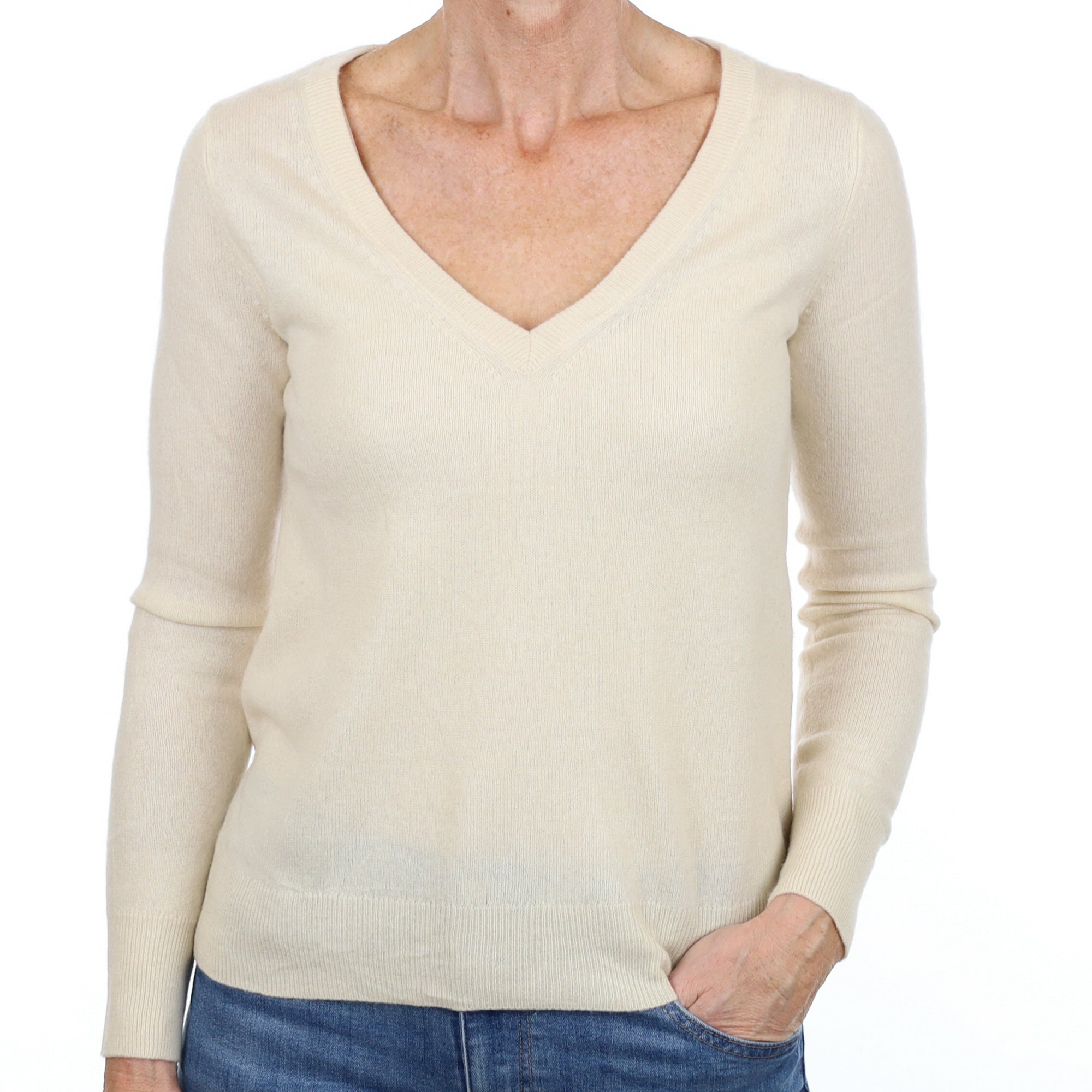 Vanilla Cream Cashmere V Neck Jumper Small