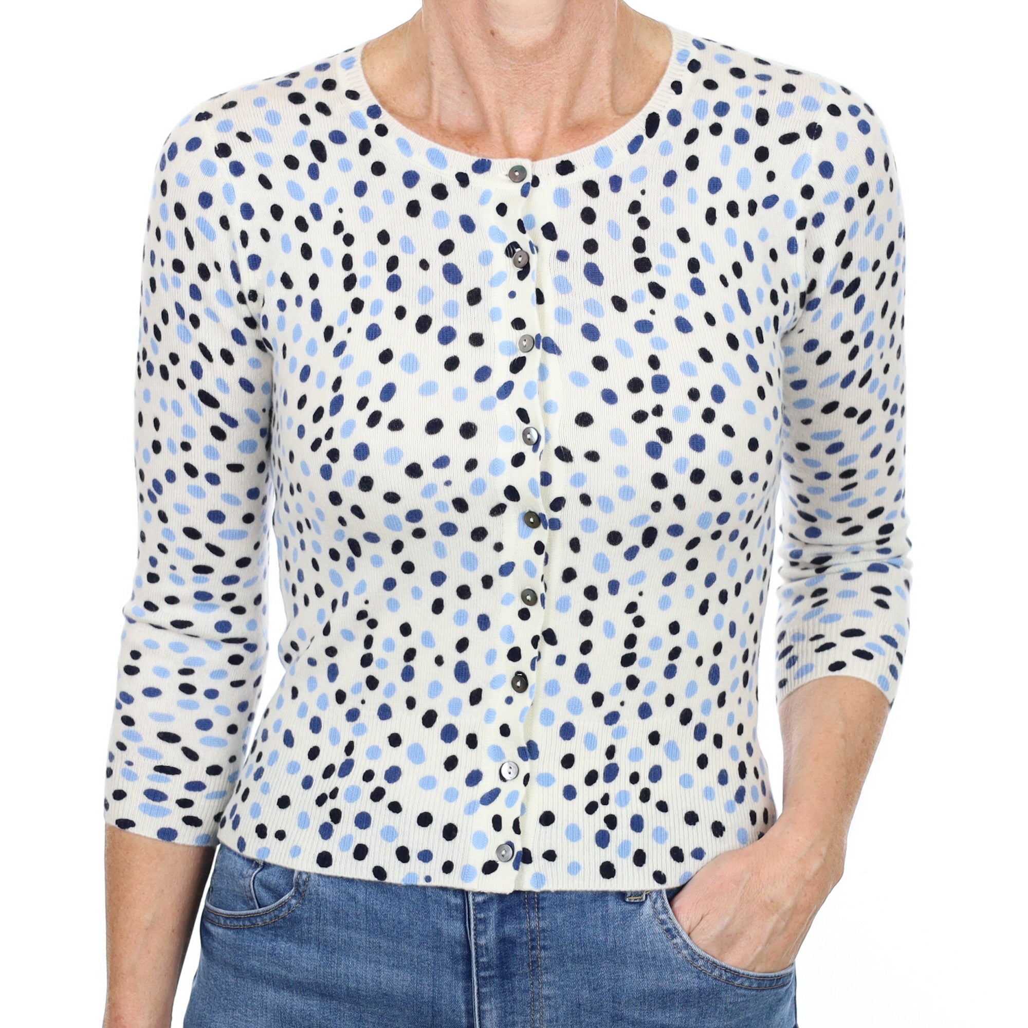 New Cream and Blue Dotty Cashmere Crew Neck Cardigan Small
