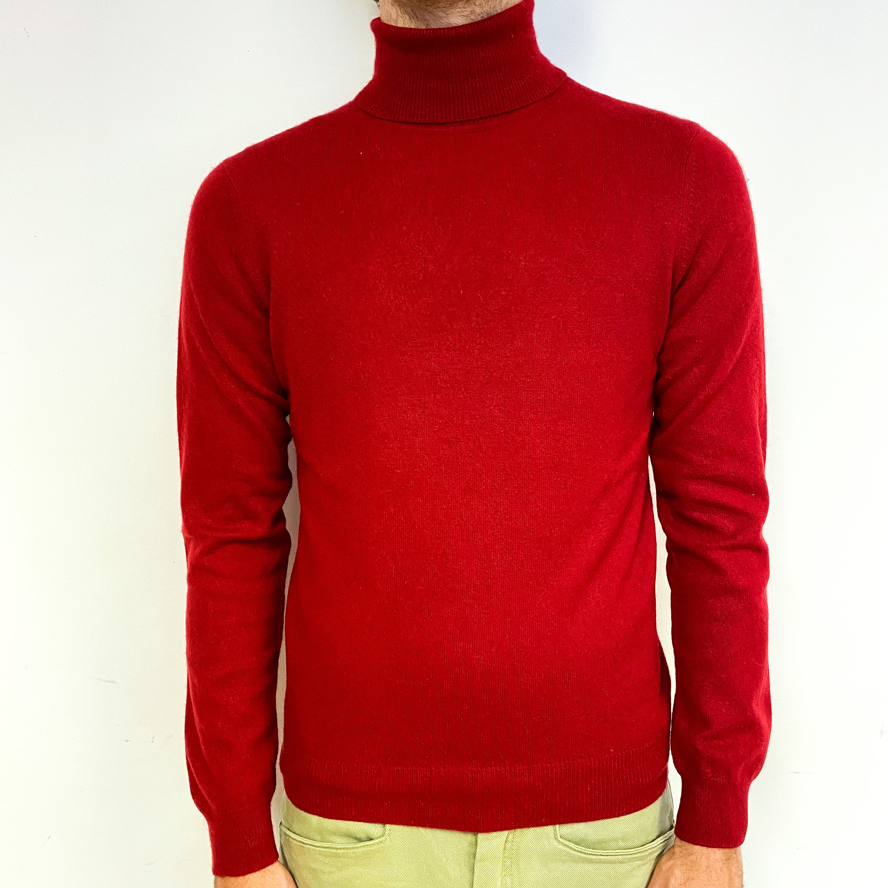 Men's Crimson Red Cashmere Polo Neck Jumper Medium