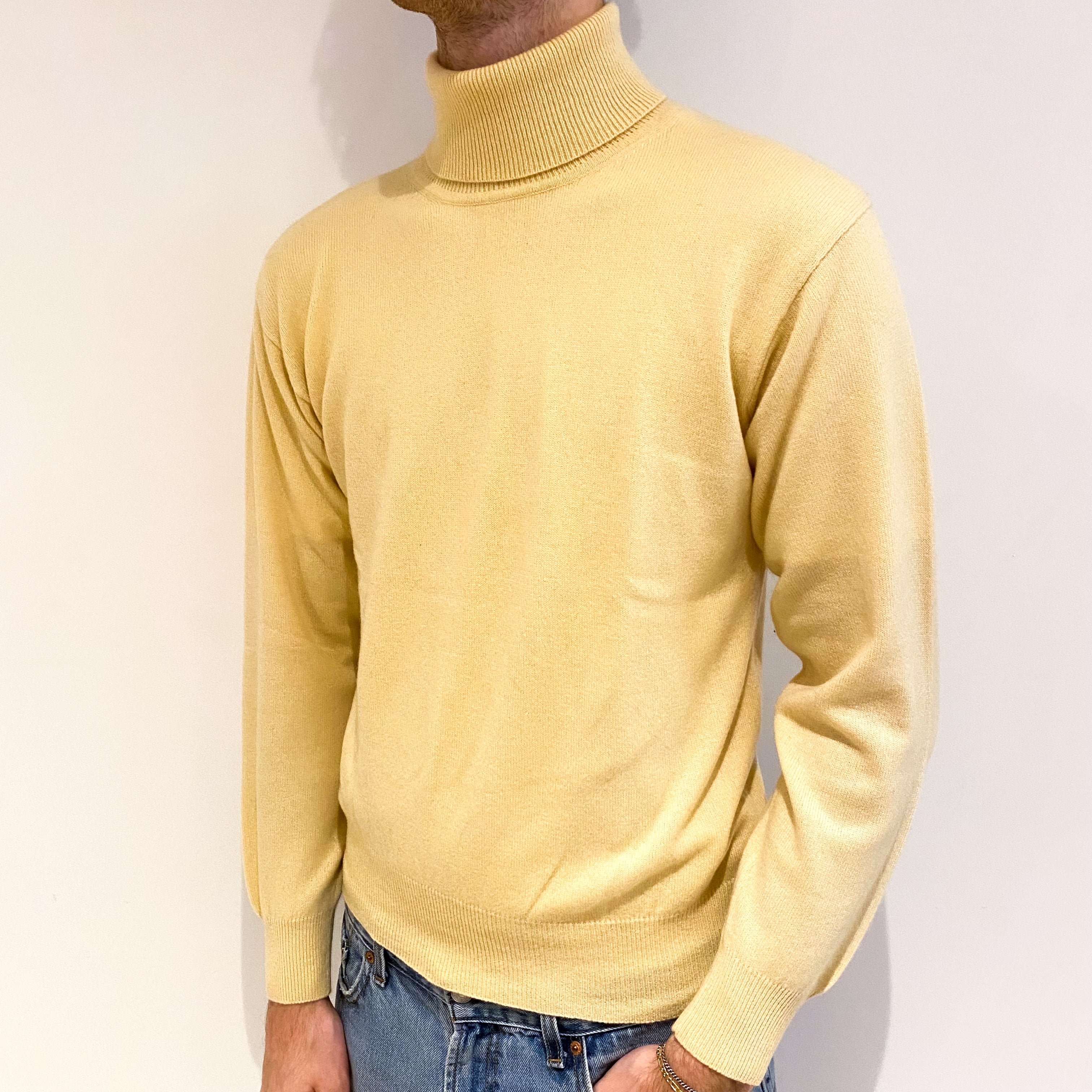 Men's Lemon Yellow Cashmere Polo Neck Jumper Medium