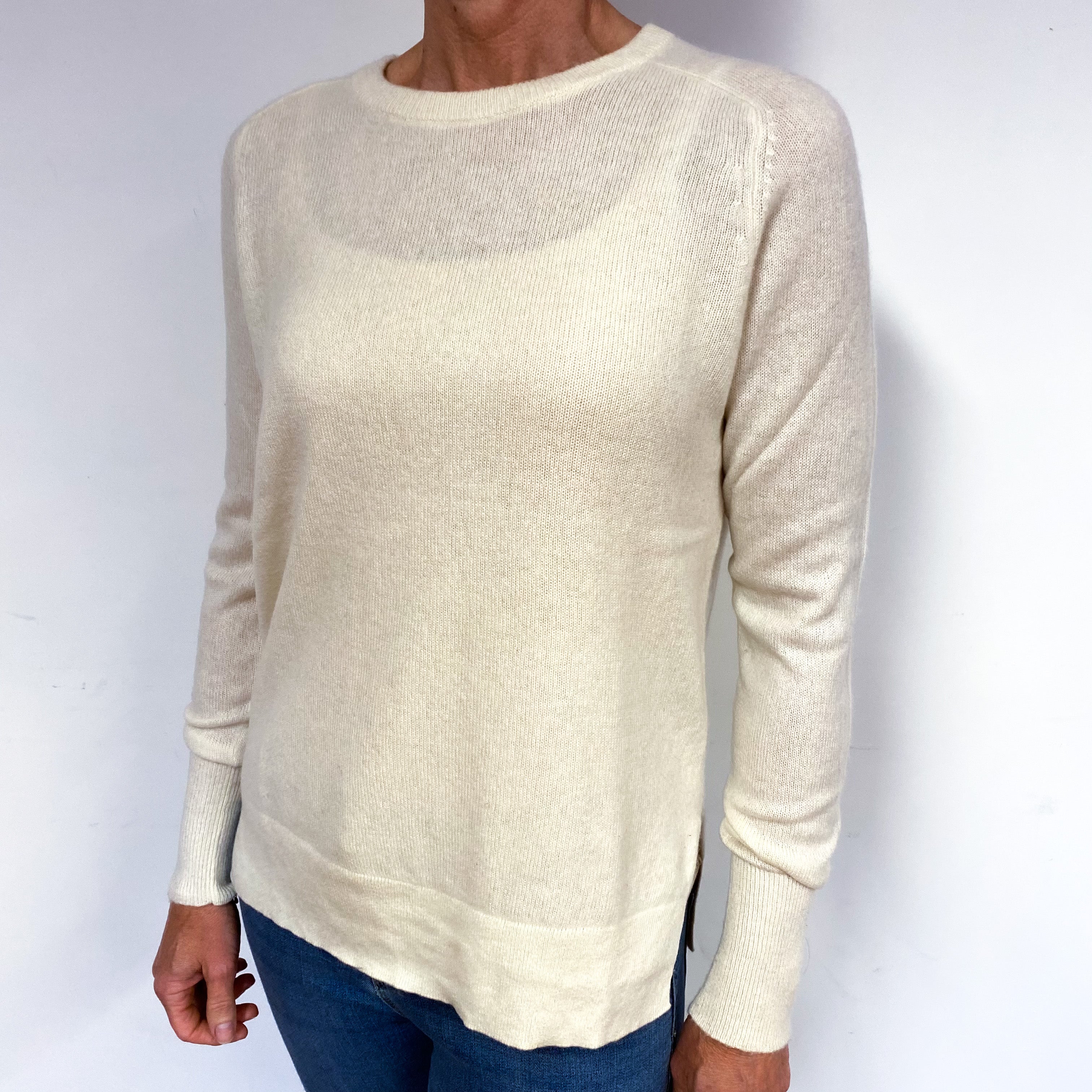Cream Split Hem Cashmere Crew Neck Jumper Medium