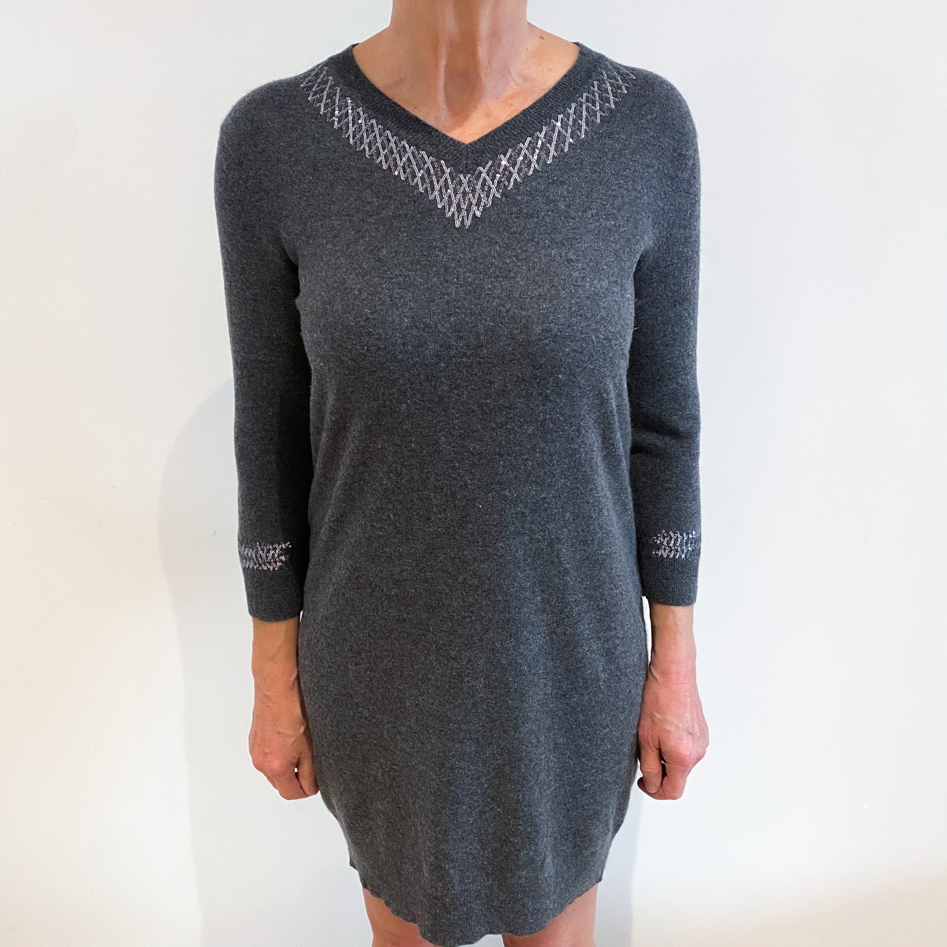 Slate Grey Sequinned Cashmere V Neck Dress Medium