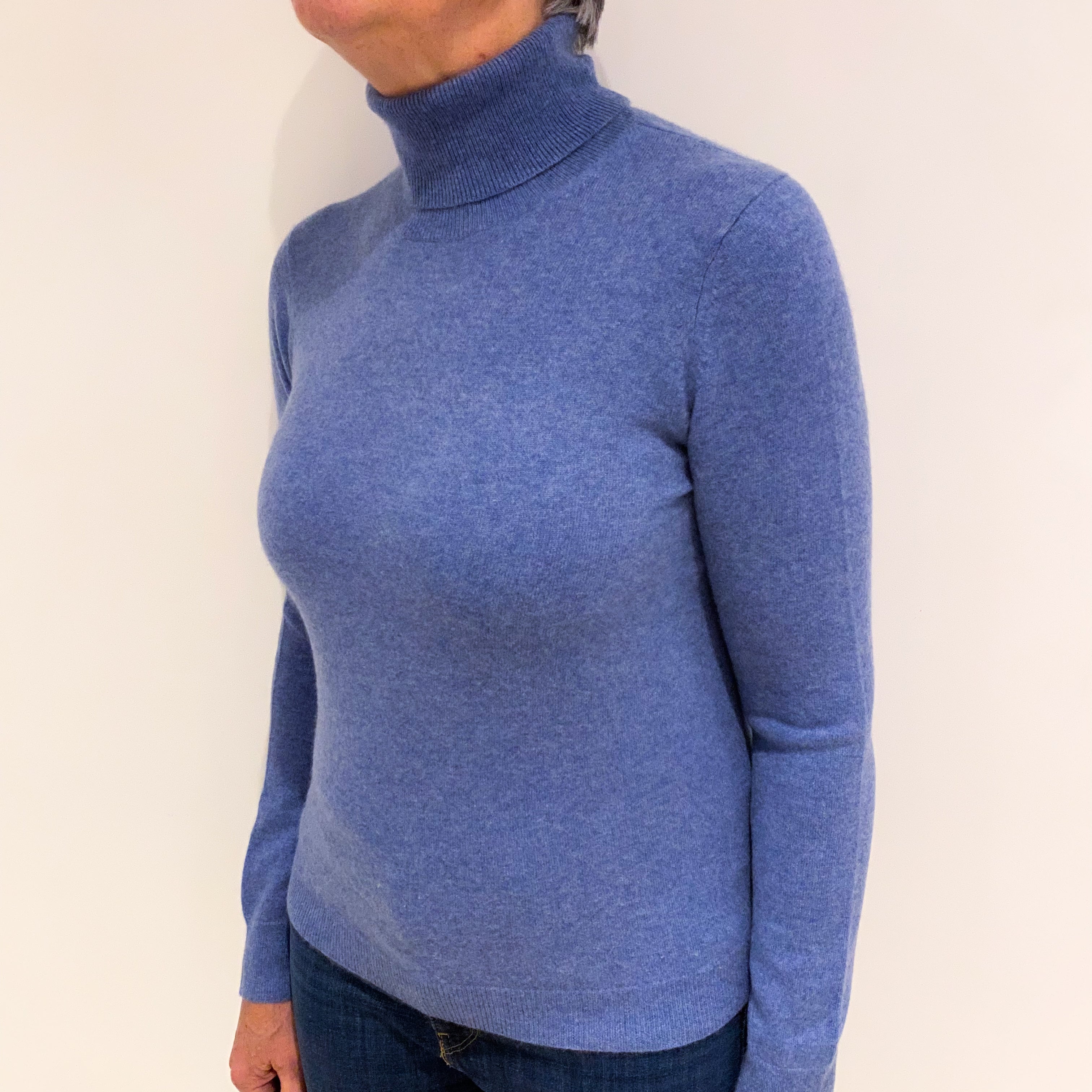 Denim Blue Cashmere Polo Neck Jumper Medium