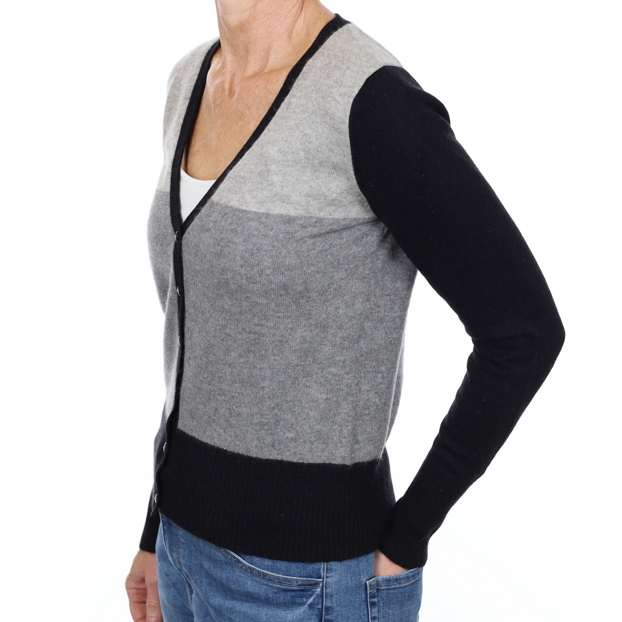 Black and Grey Block Cashmere V Neck Cardigan Small