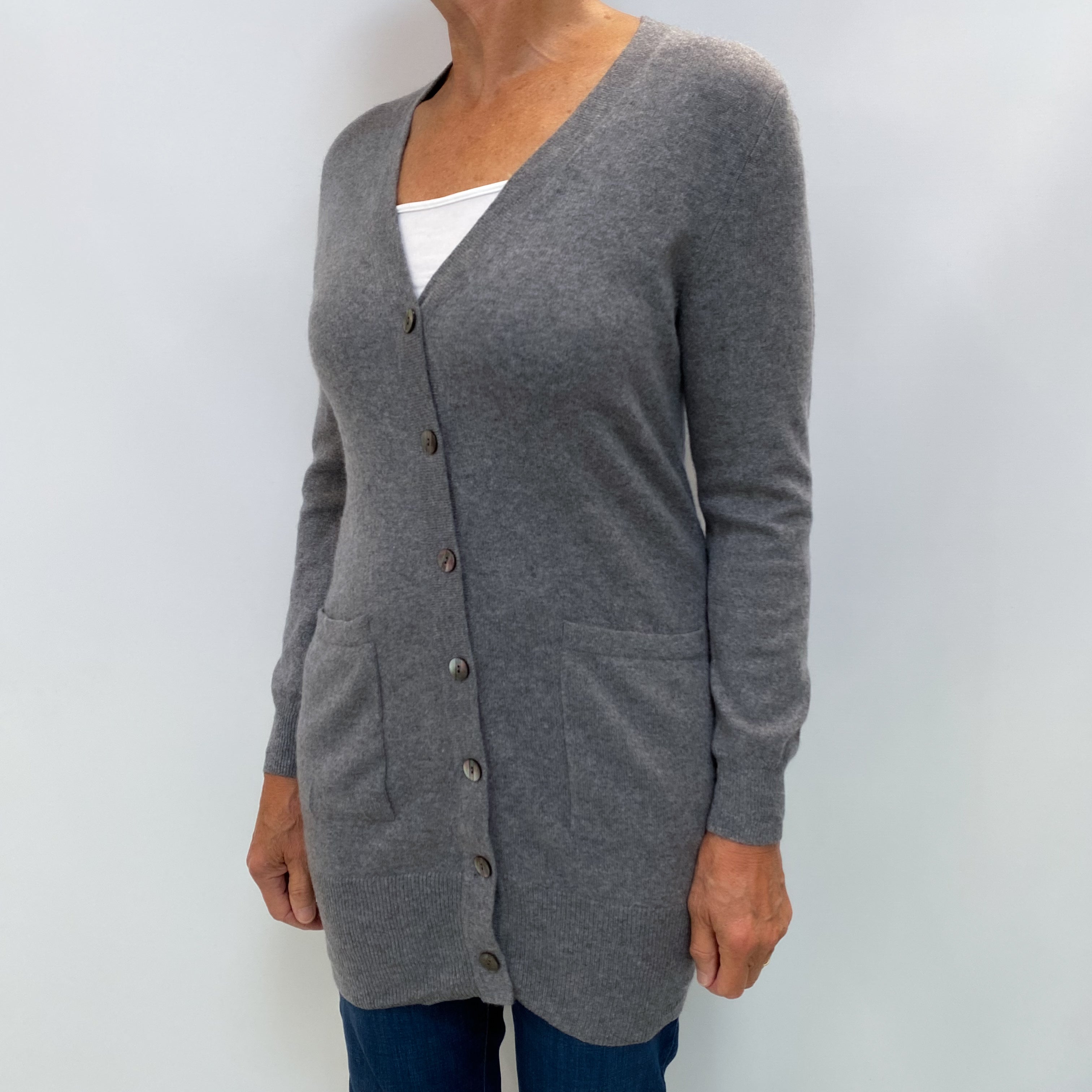 Steel Grey Cashmere V Neck Cardigan Medium