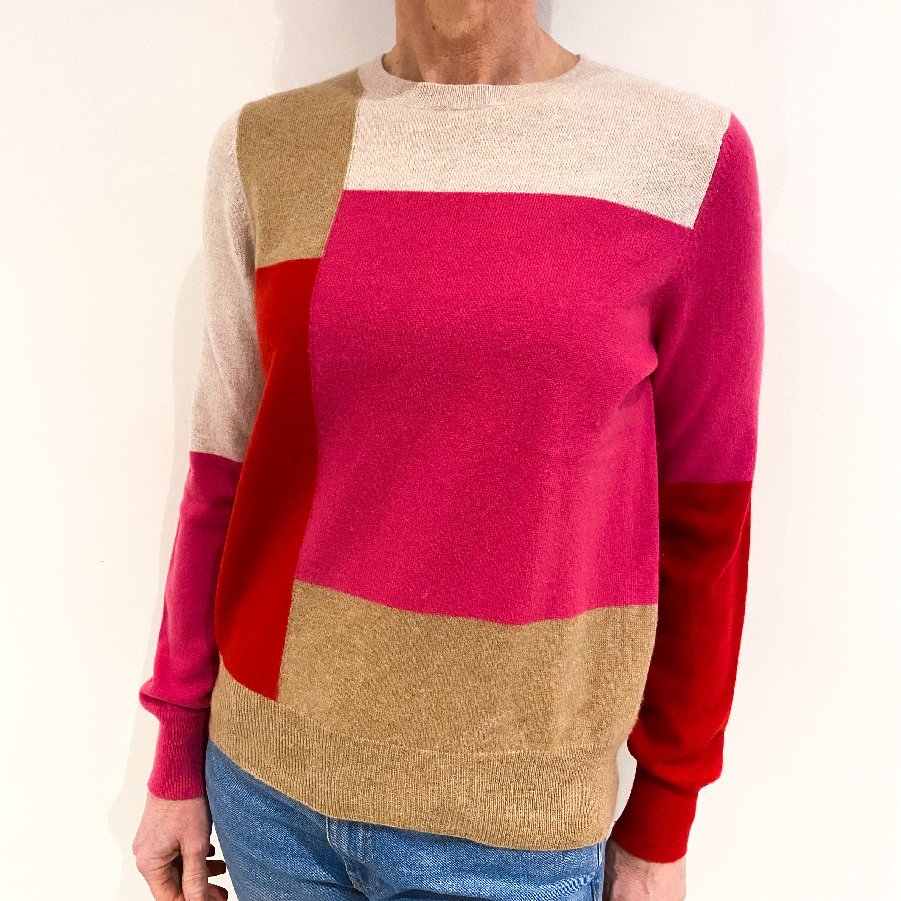Oatmeal Beige Colour Block Cashmere Crew Neck Jumper Small