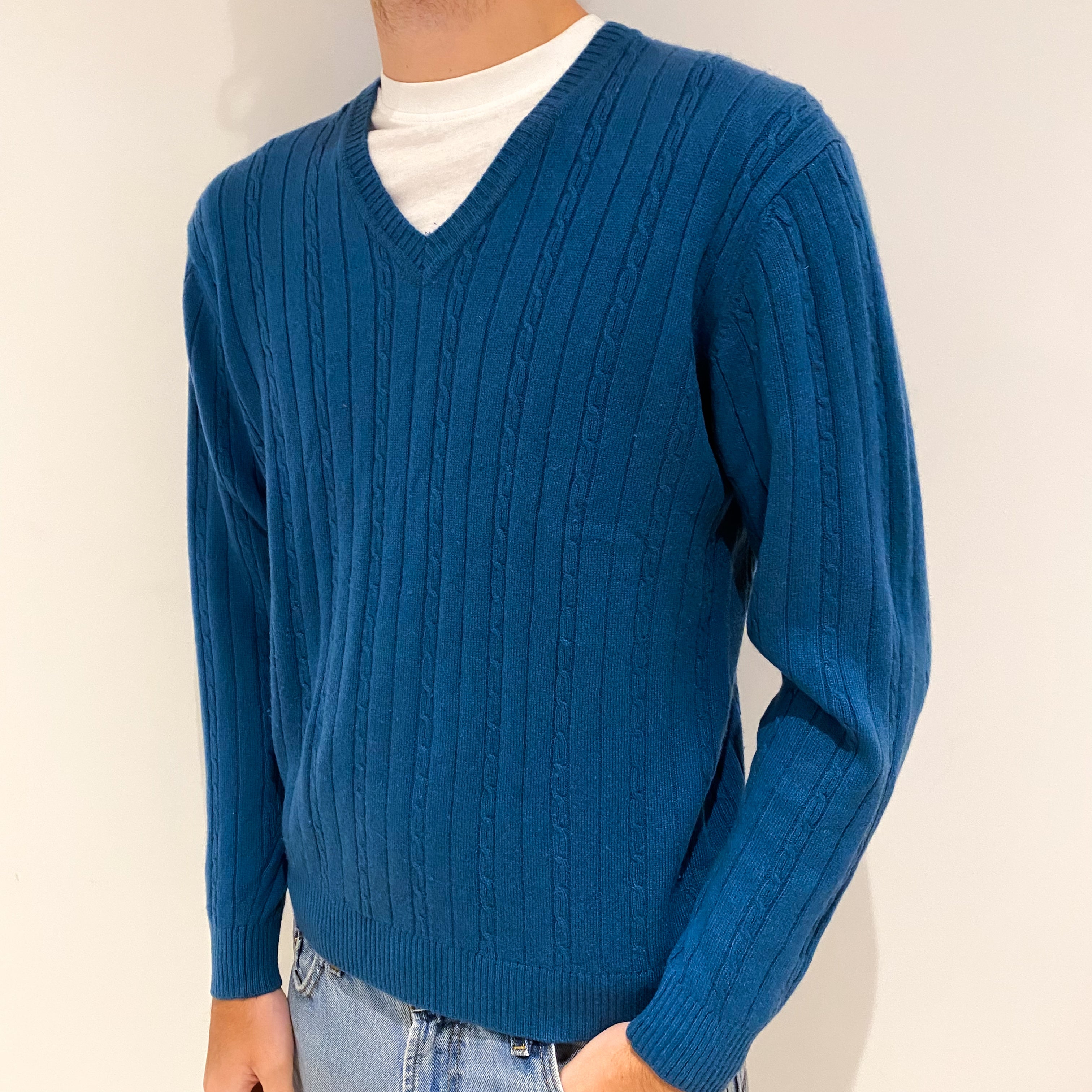 Men's Petrol Blue Cashmere V-Neck Jumper Large