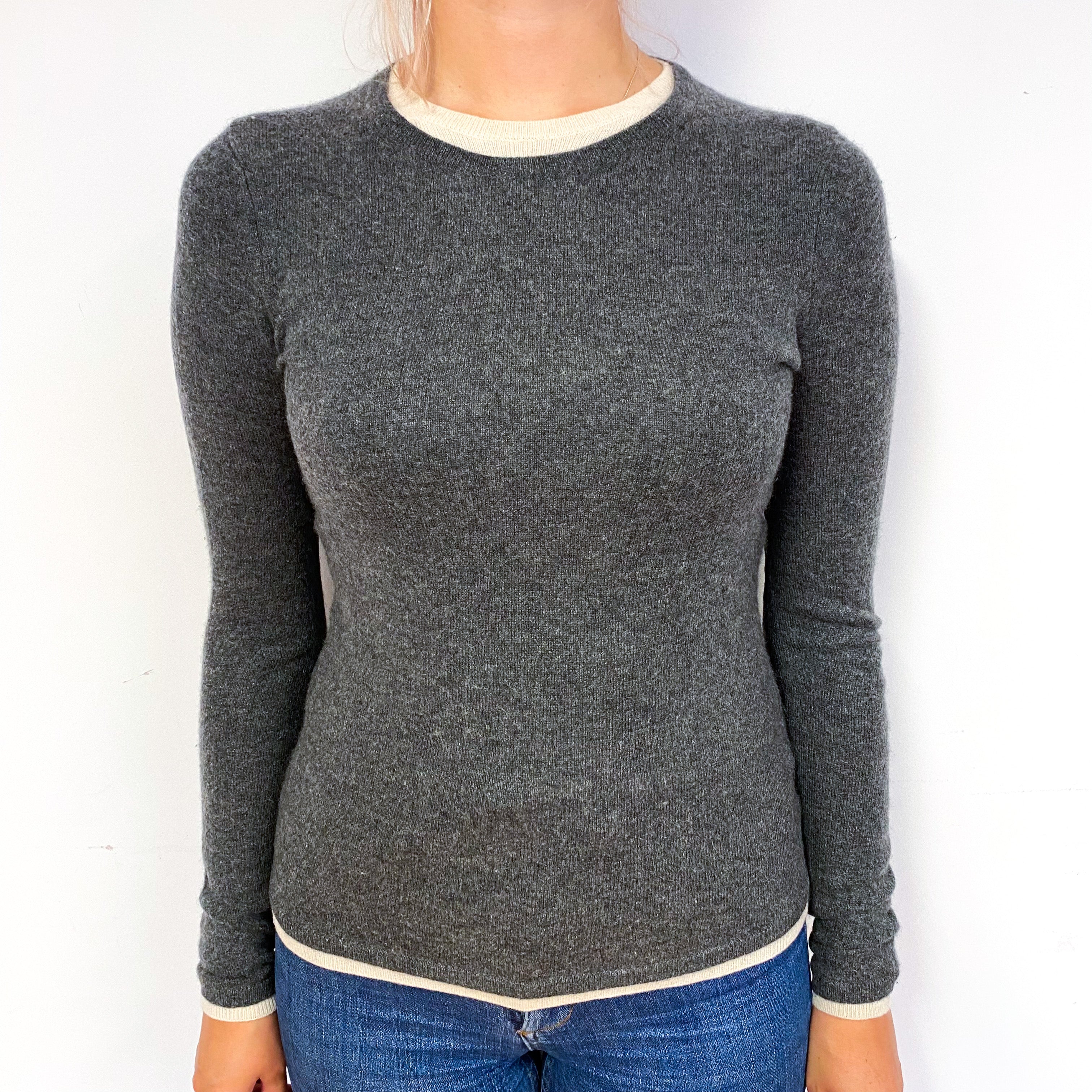 Slate Grey Cream Trim Cashmere Crew Neck Jumper Small