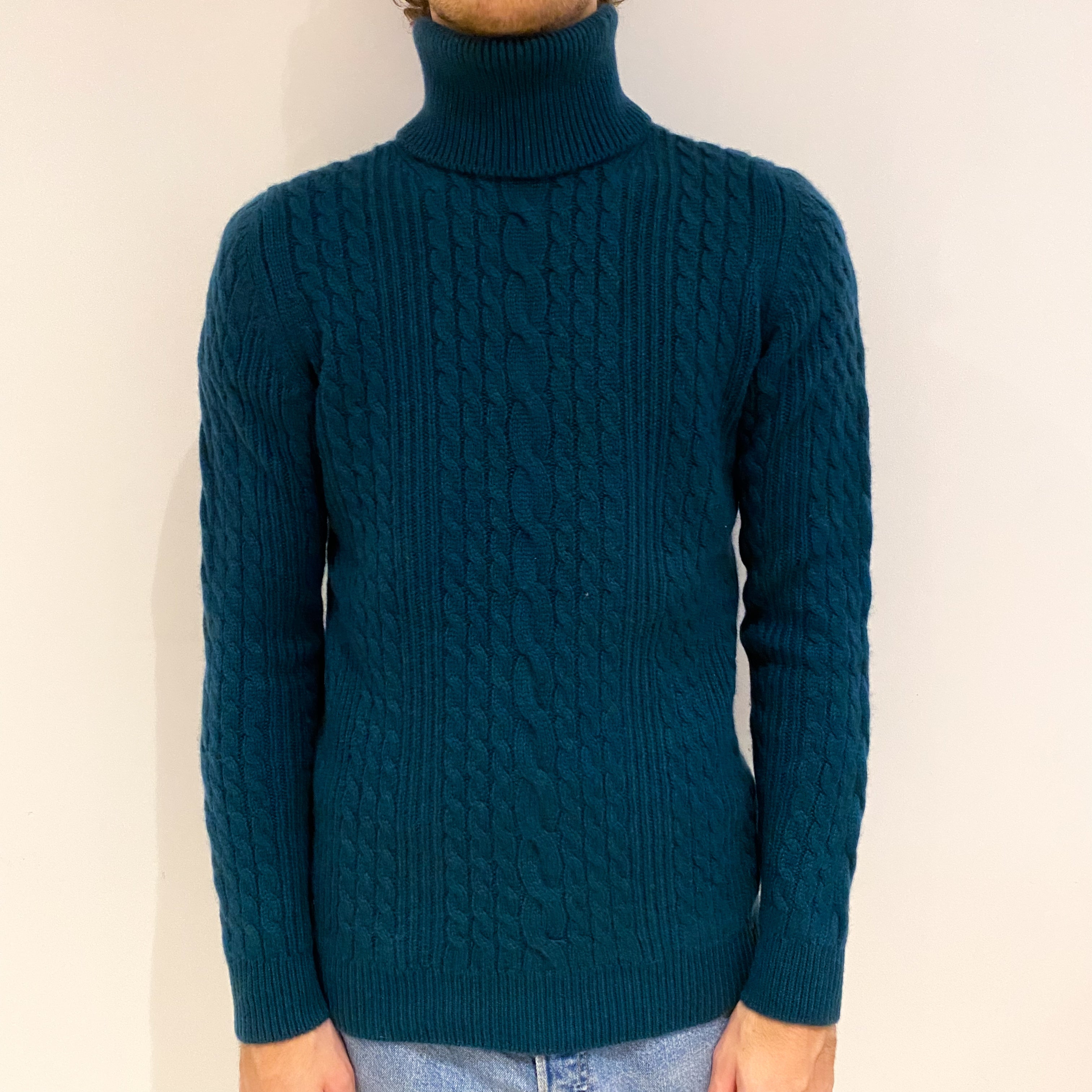 Men's New Scottish Teal Cable Cashmere Polo Neck Jumper Medium