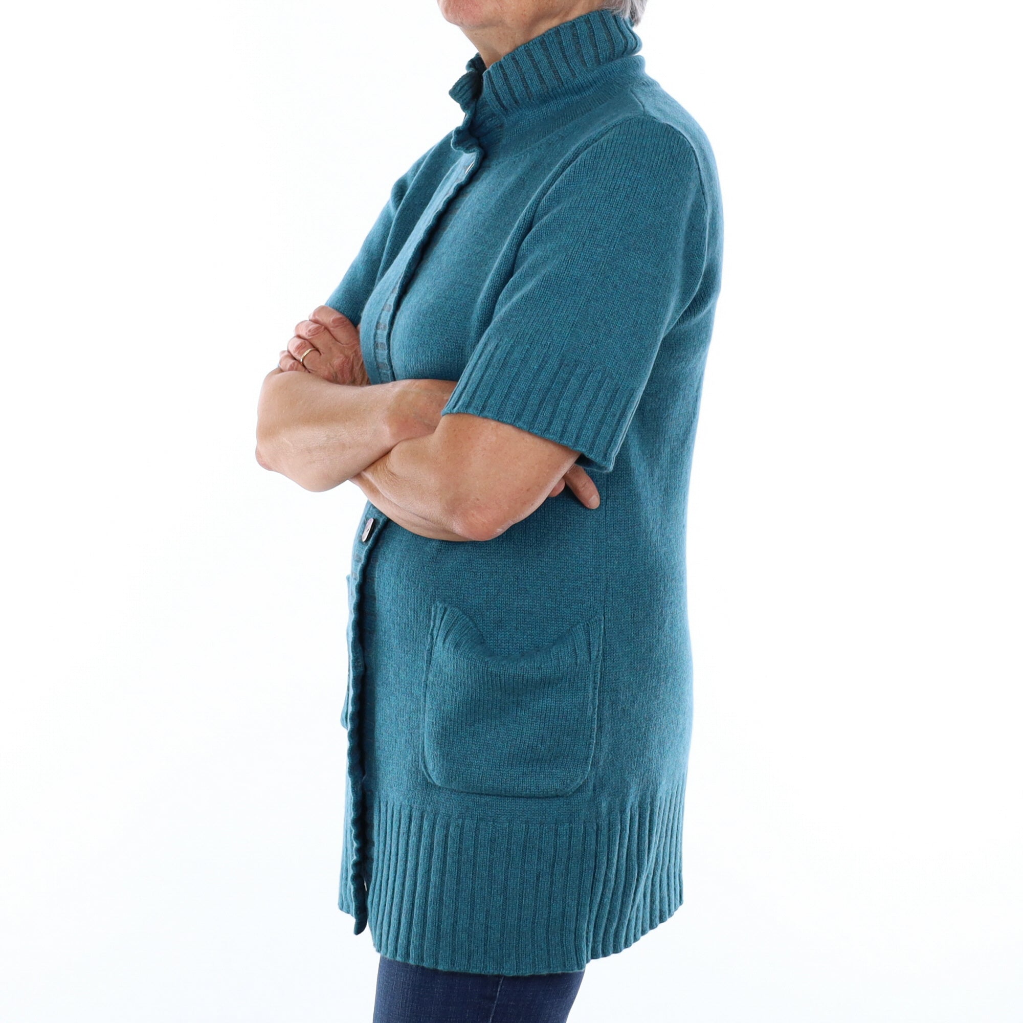Aqua Blue Cashmere Collared Neck Short Sleeved Cardigan Medium