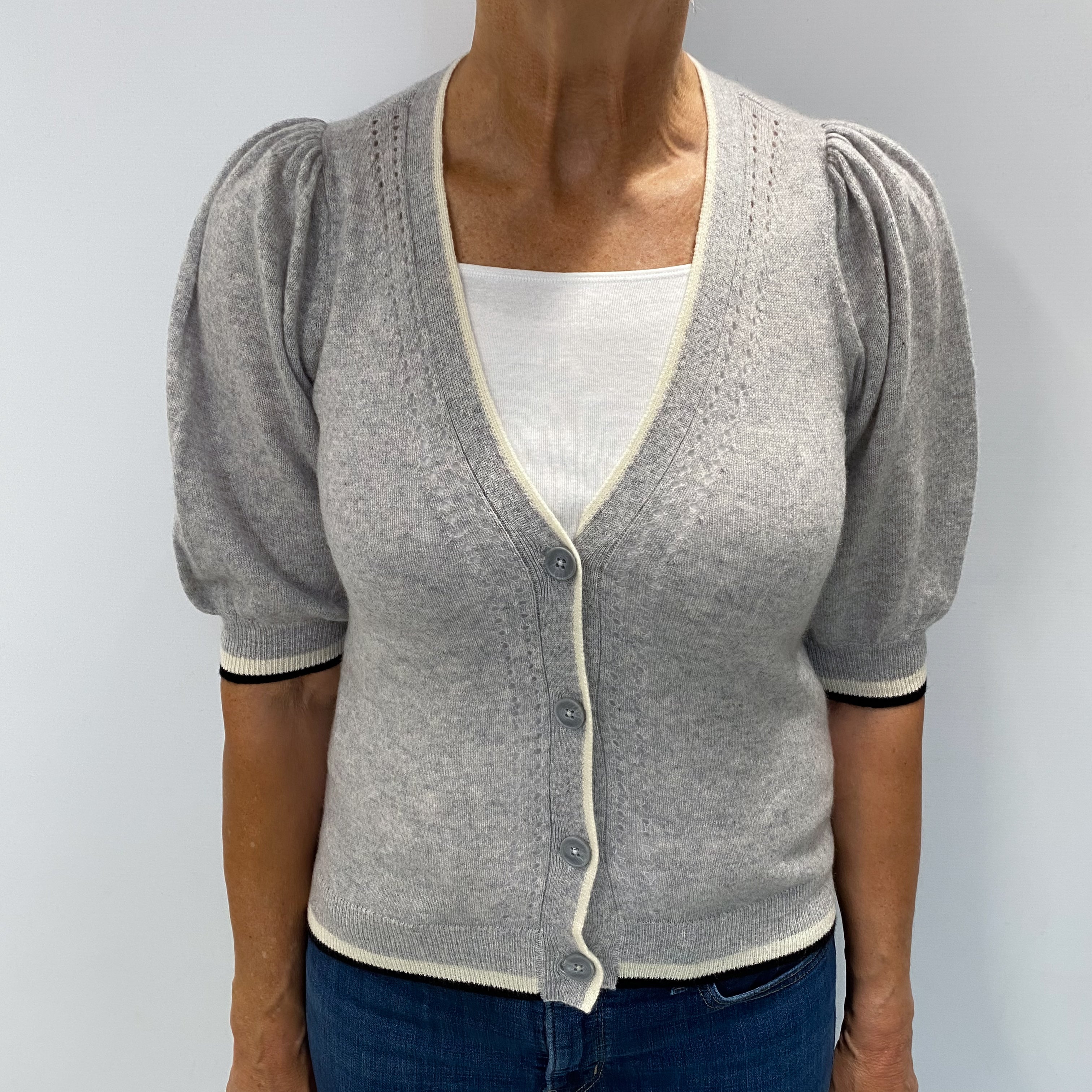Smoke Grey Cashmere Short Sleeve V Neck Cardigan Medium