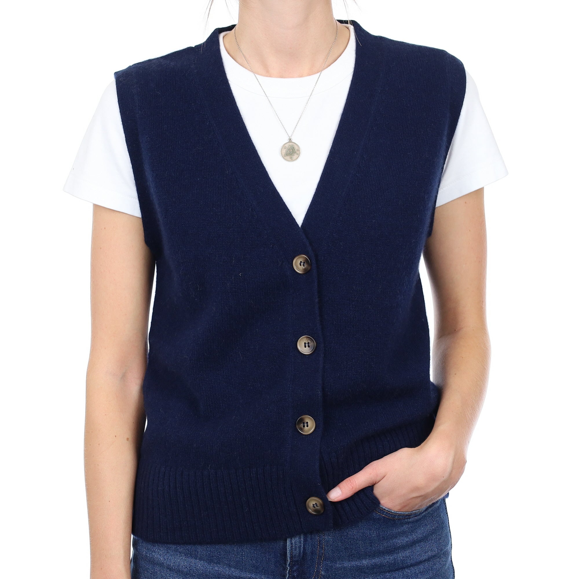 Brand New Navy Luxury Cashmere V Neck Waistcoat Small UK 8-10