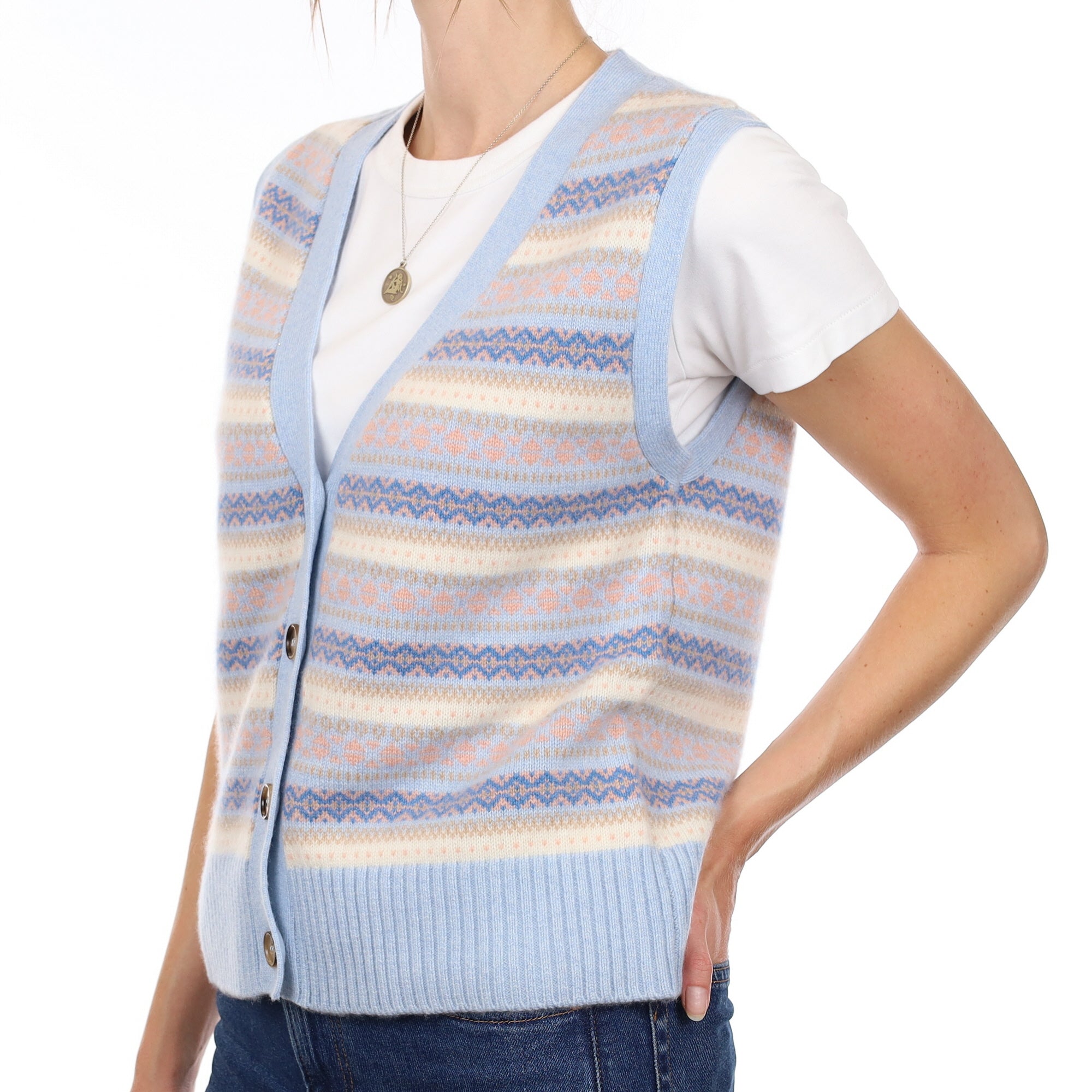 Brand New Baby Blue and Shell Pink Fair Isle Luxury Cashmere V Neck Waistcoat Small UK 8-10