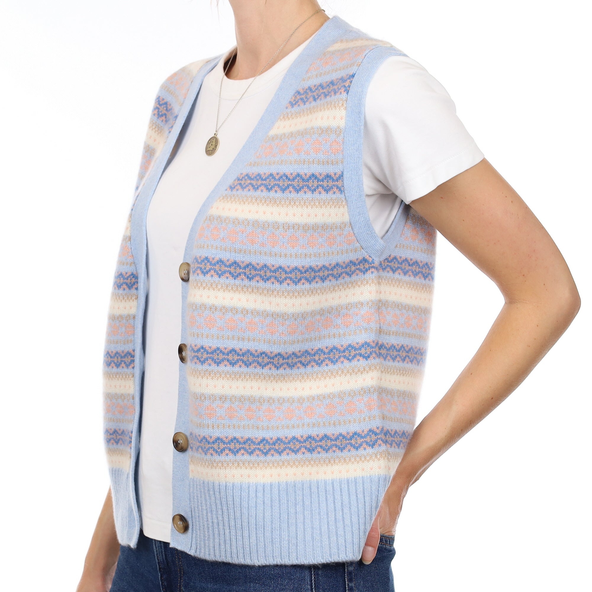 Brand New Baby Blue and Shell Pink Fair Isle Luxury Cashmere V Neck Waistcoat Small UK 8-10
