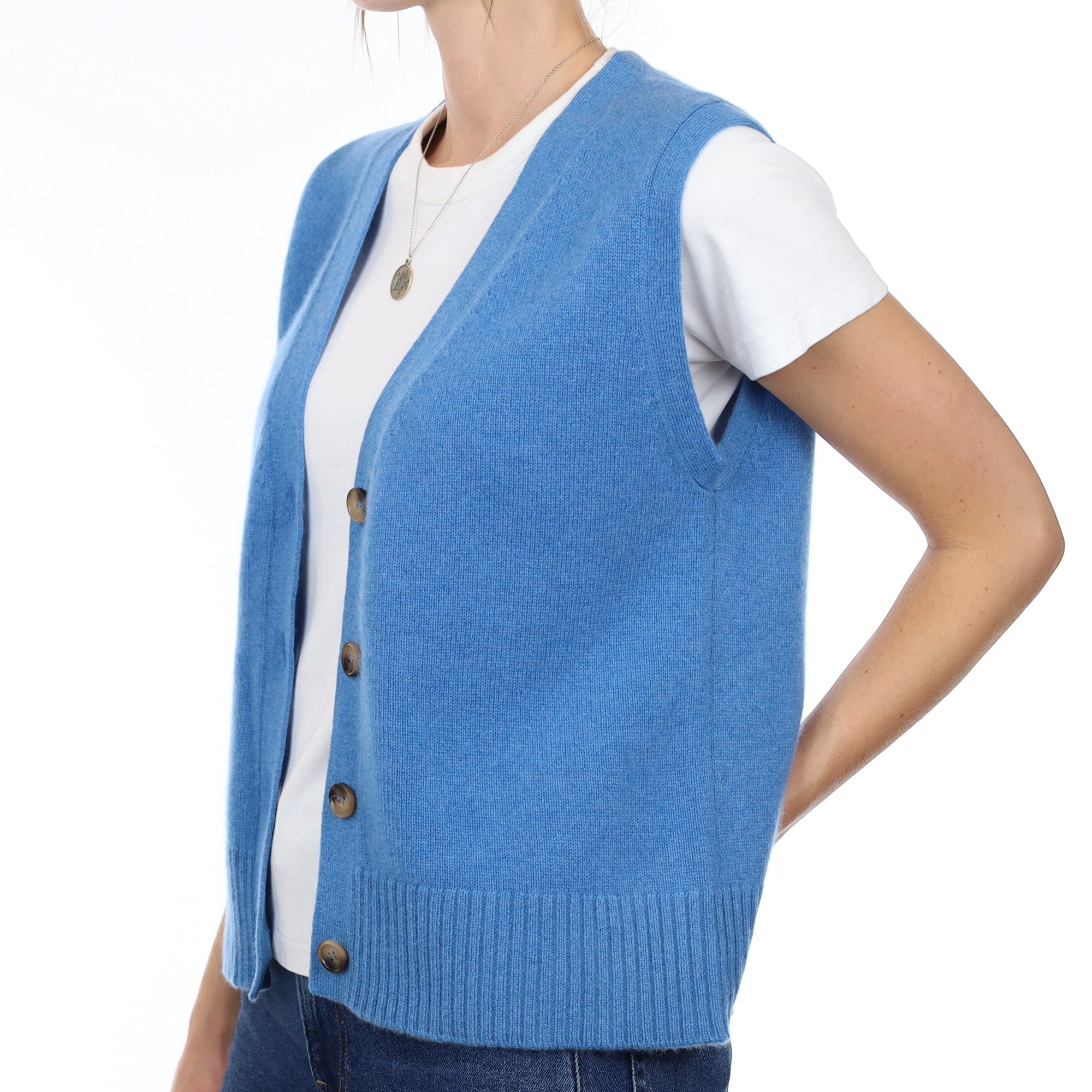 Brand New Mediterranean Blue Luxury Cashmere V Neck Waistcoat Small UK 8-10
