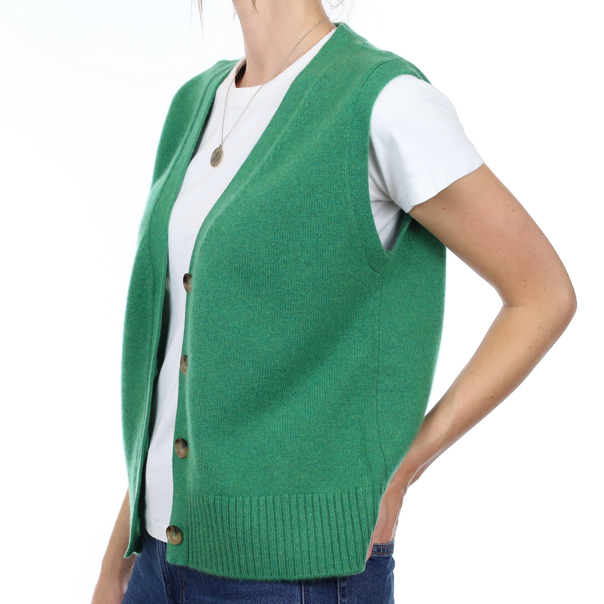 Brand New Shamrock Green Luxury Cashmere V Neck Waistcoat Small UK 8-10