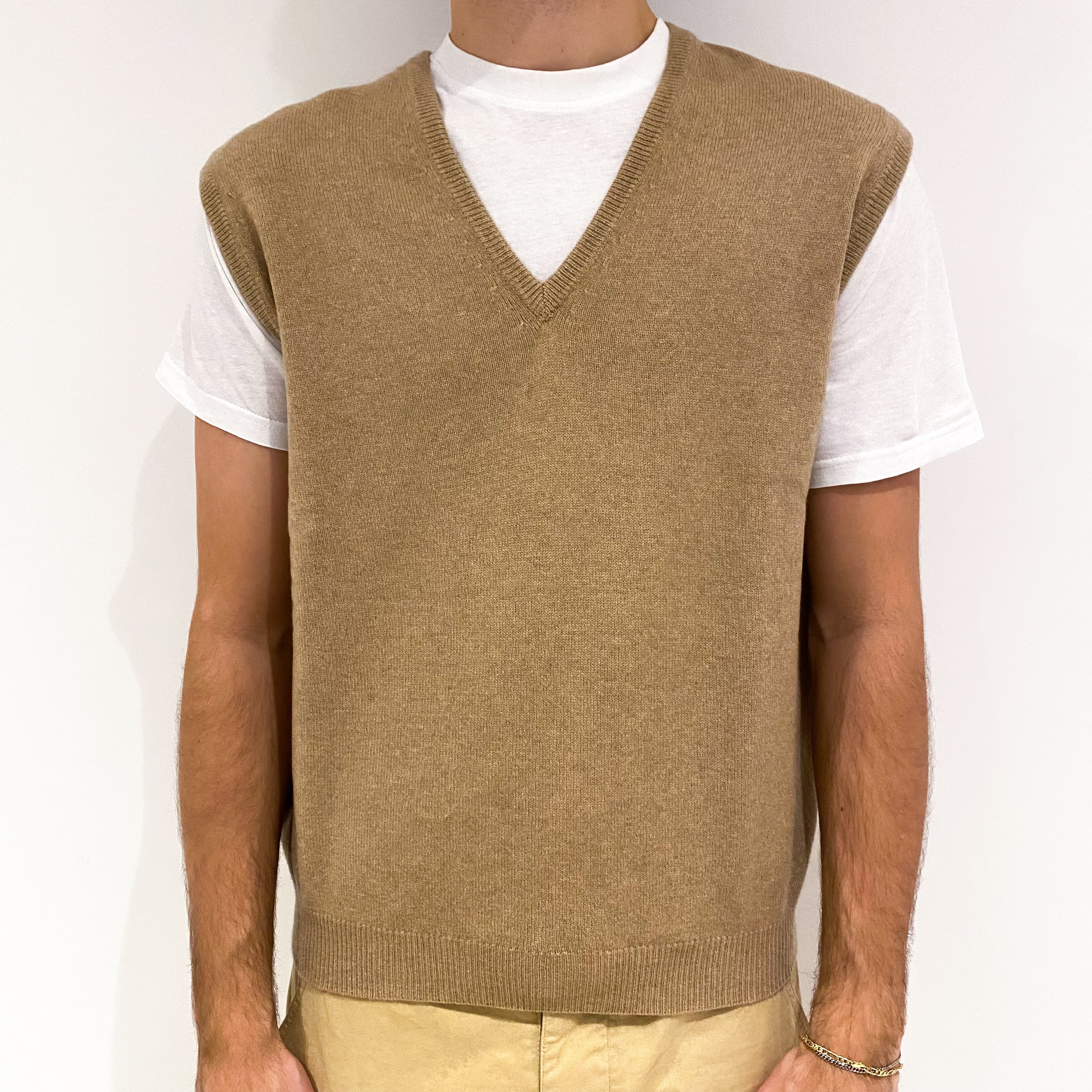 Men's Camel Brown Cashmere V-Neck Tank Top Large