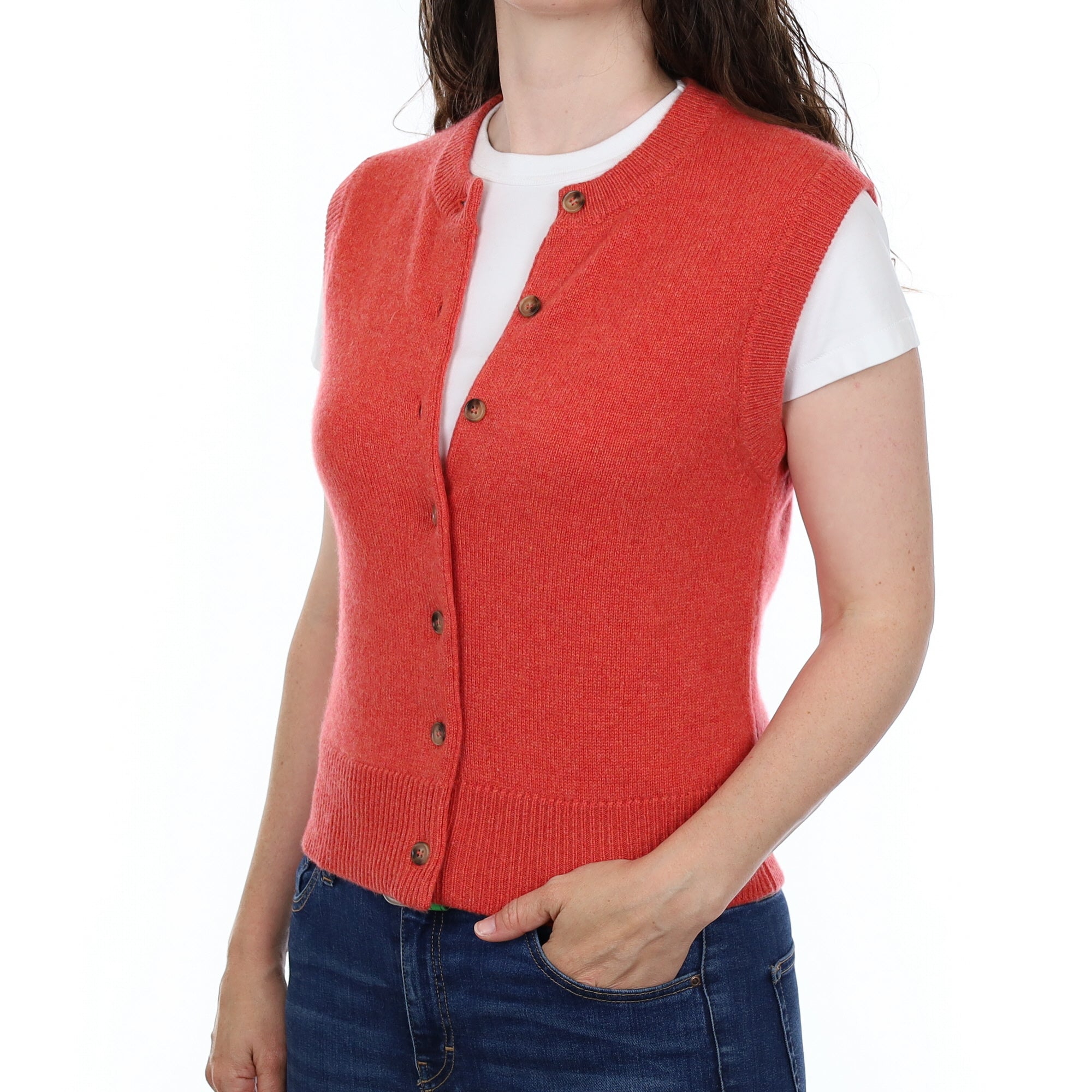 Brand New Watermelon Orange Luxury Cashmere Crew Neck Waistcoat Small UK 8-10