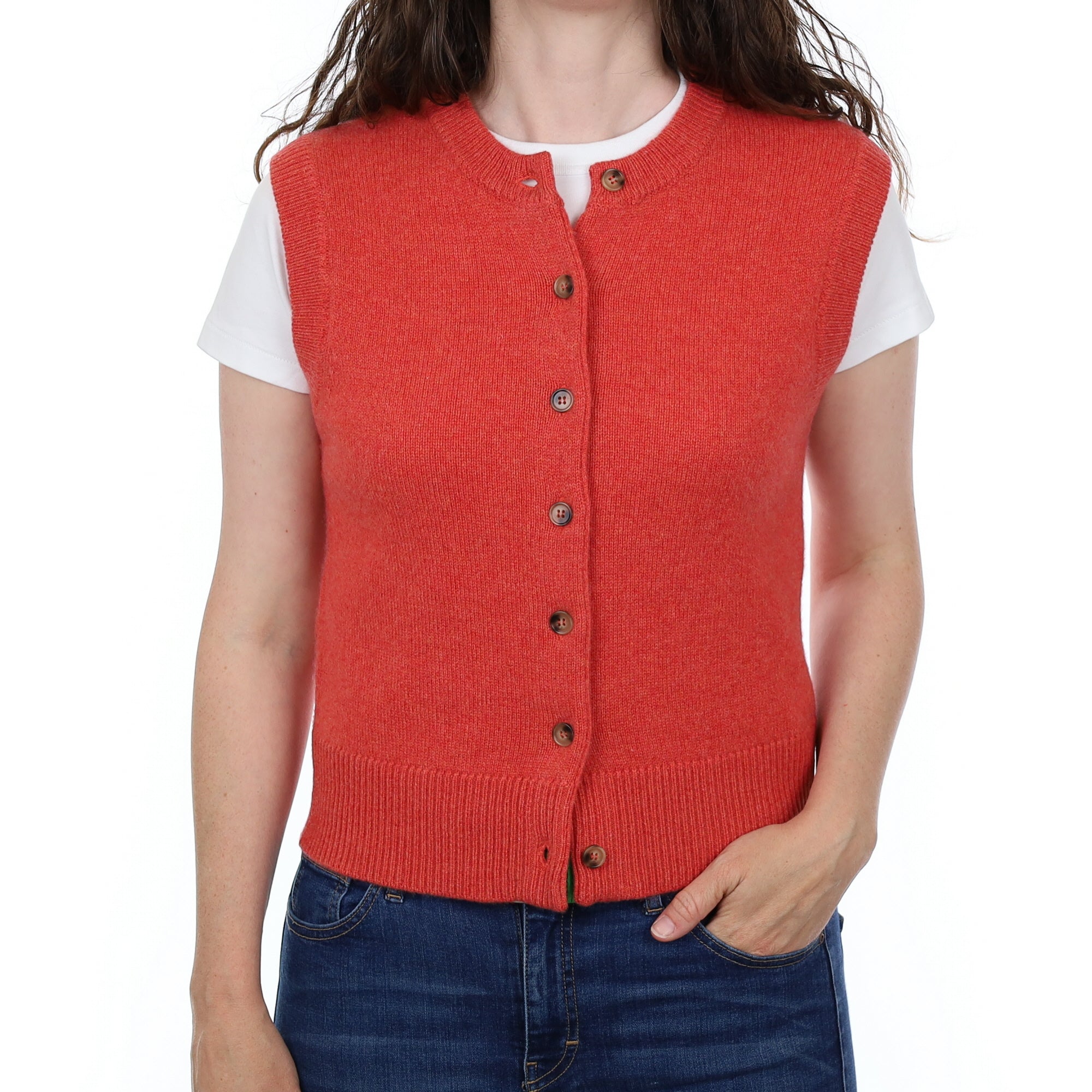 Brand New Watermelon Orange Luxury Cashmere Crew Neck Waistcoat Small UK 8-10