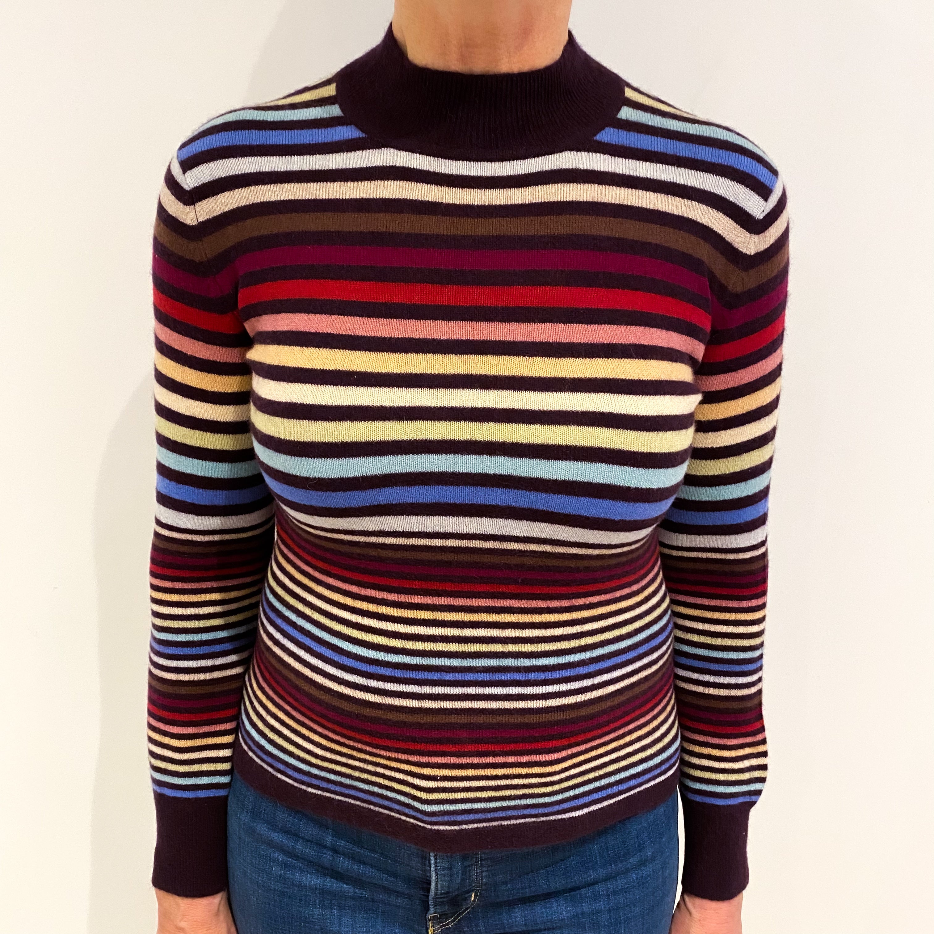 Aubergine Multicoloured Striped Cashmere Turtle Neck Jumper Medium