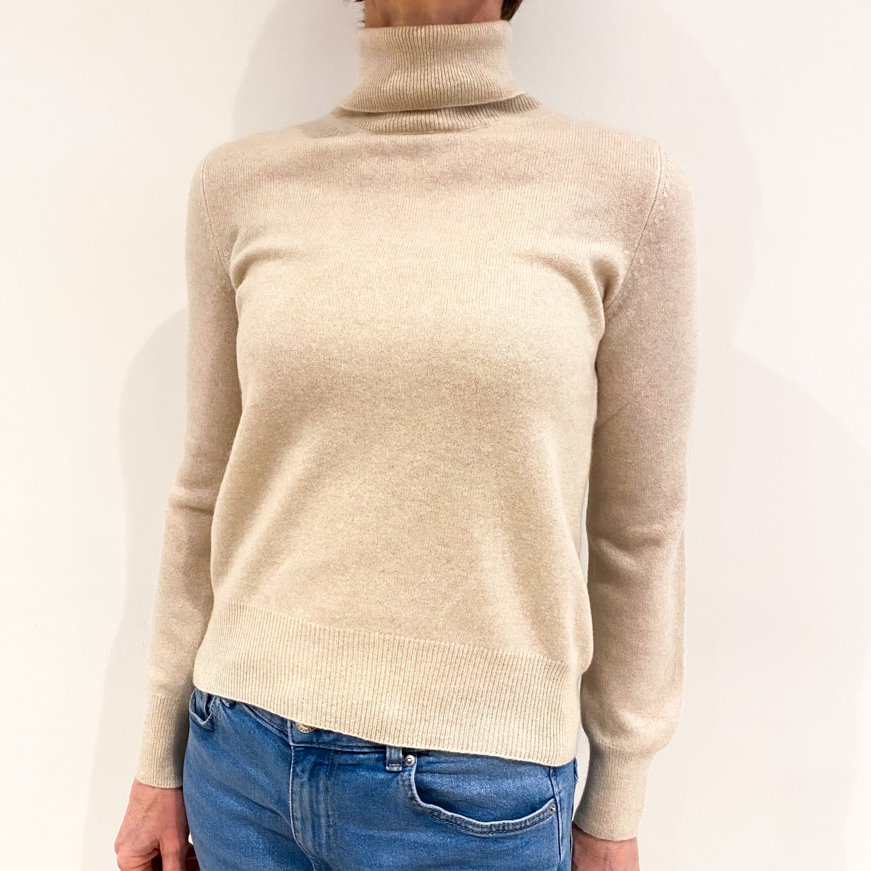 Soft Beige Cashmere Polo Neck Jumper Small