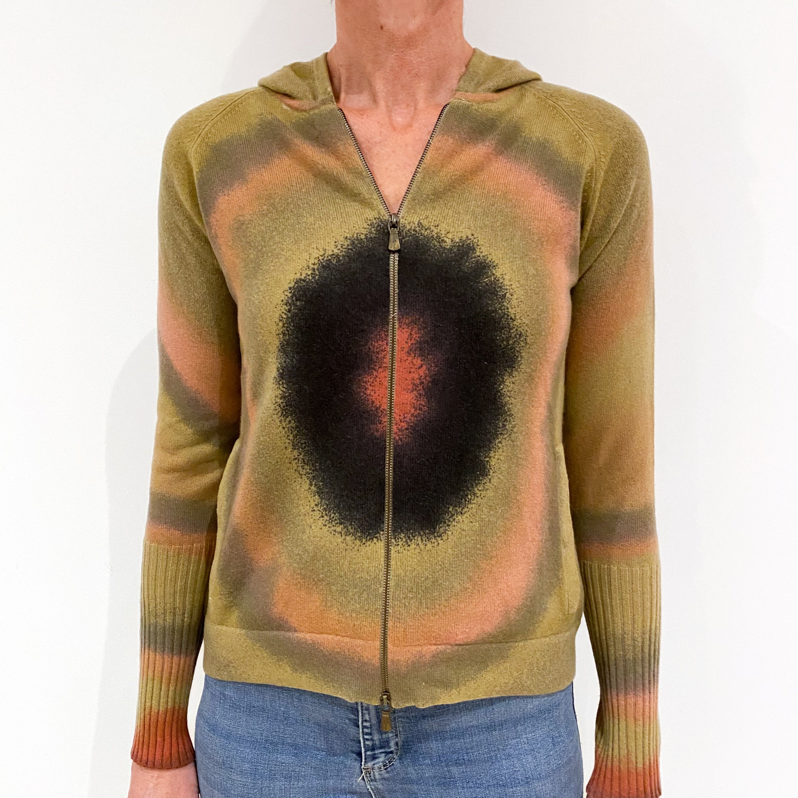 Olive Green Tie Dye Cashmere Zip Up Hoodie Small