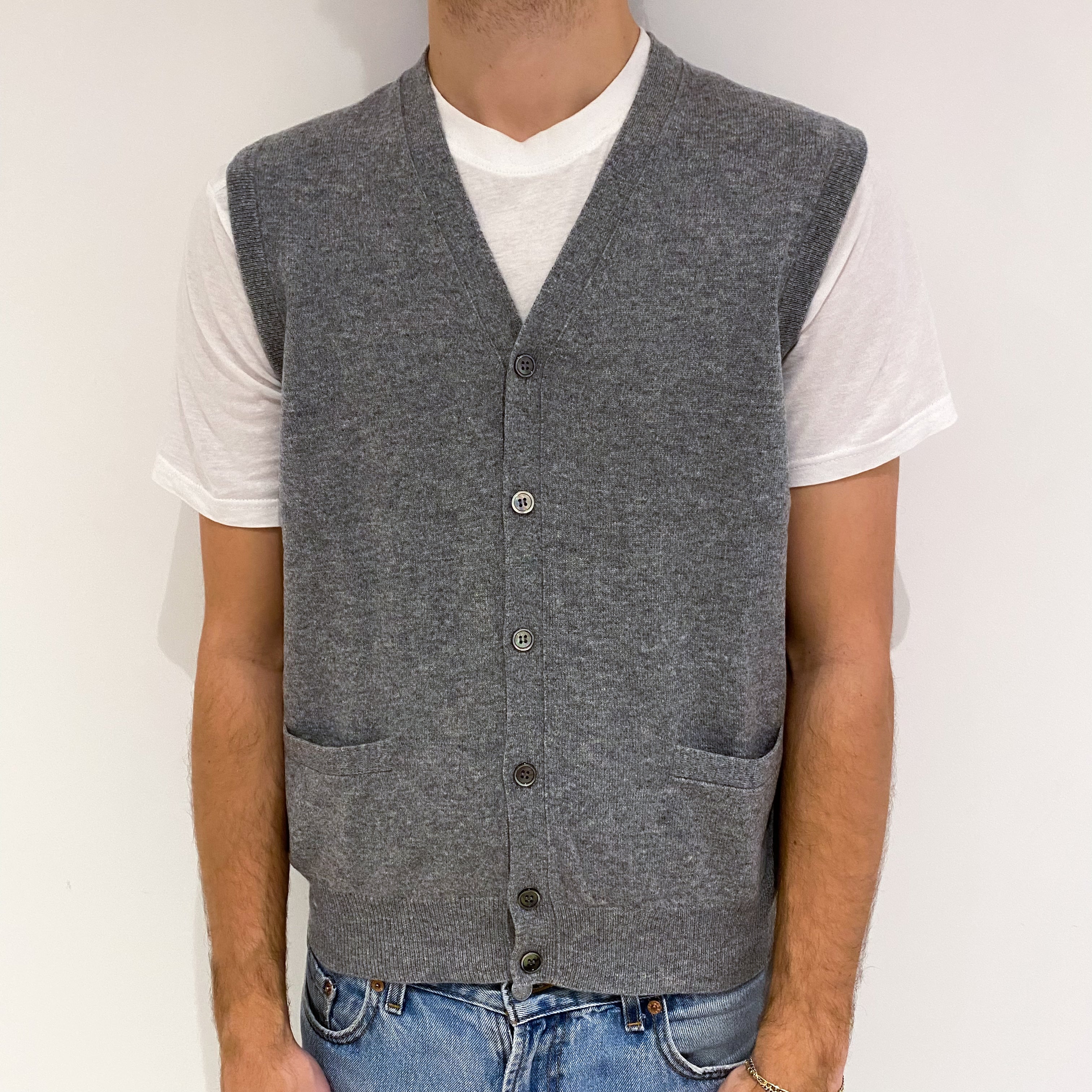 Men's Ash Grey Cashmere V Neck Gilet with Pockets Large