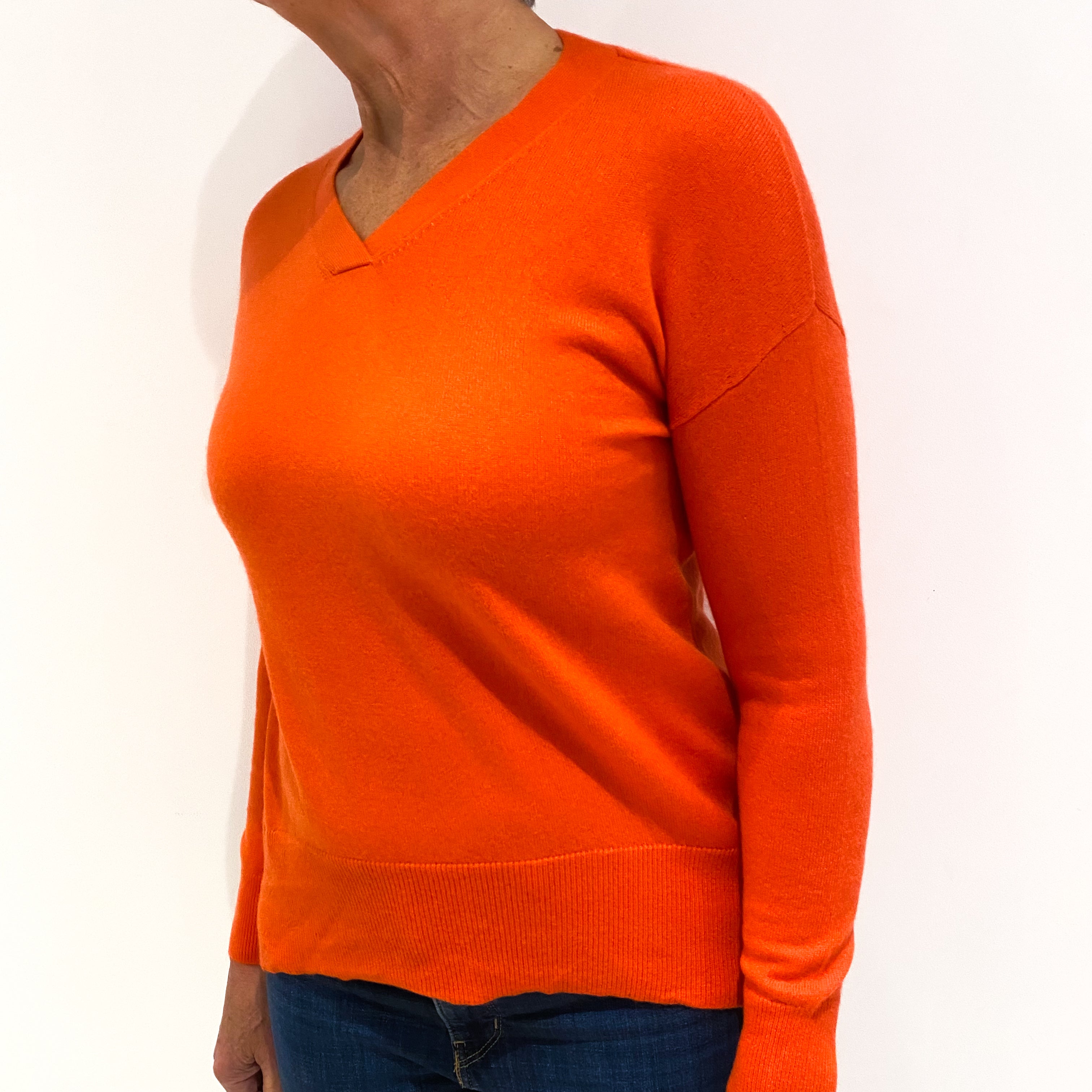 Tangerine Orange Cashmere V-Neck Jumper Medium