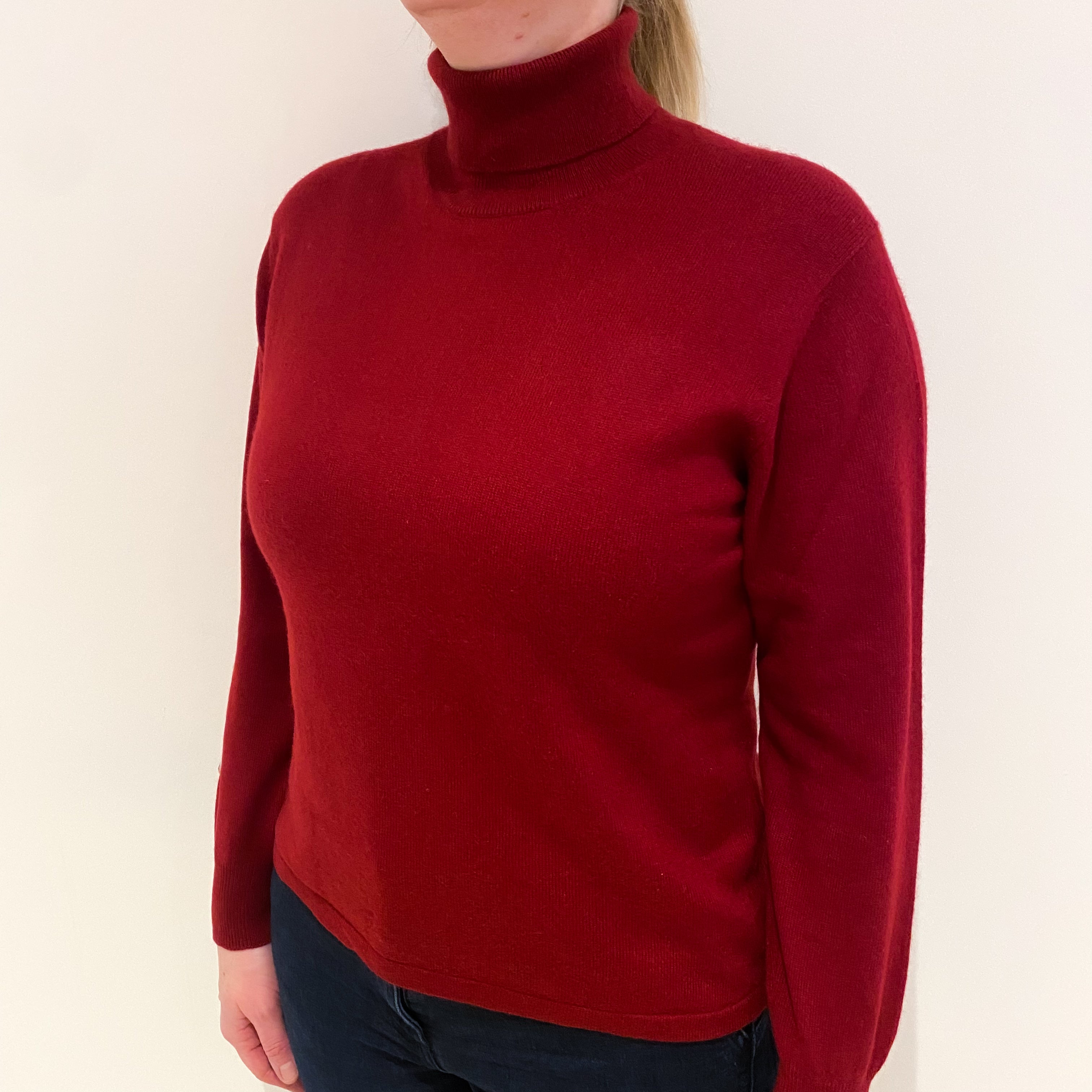 Crimson Red Cashmere Polo Neck Jumper Large