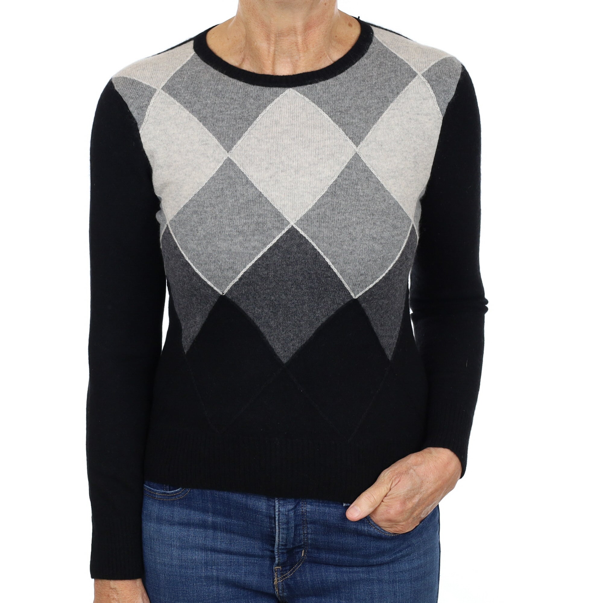 Black and Grey Diamond Patterned Cashmere Crew Neck Jumper Medium