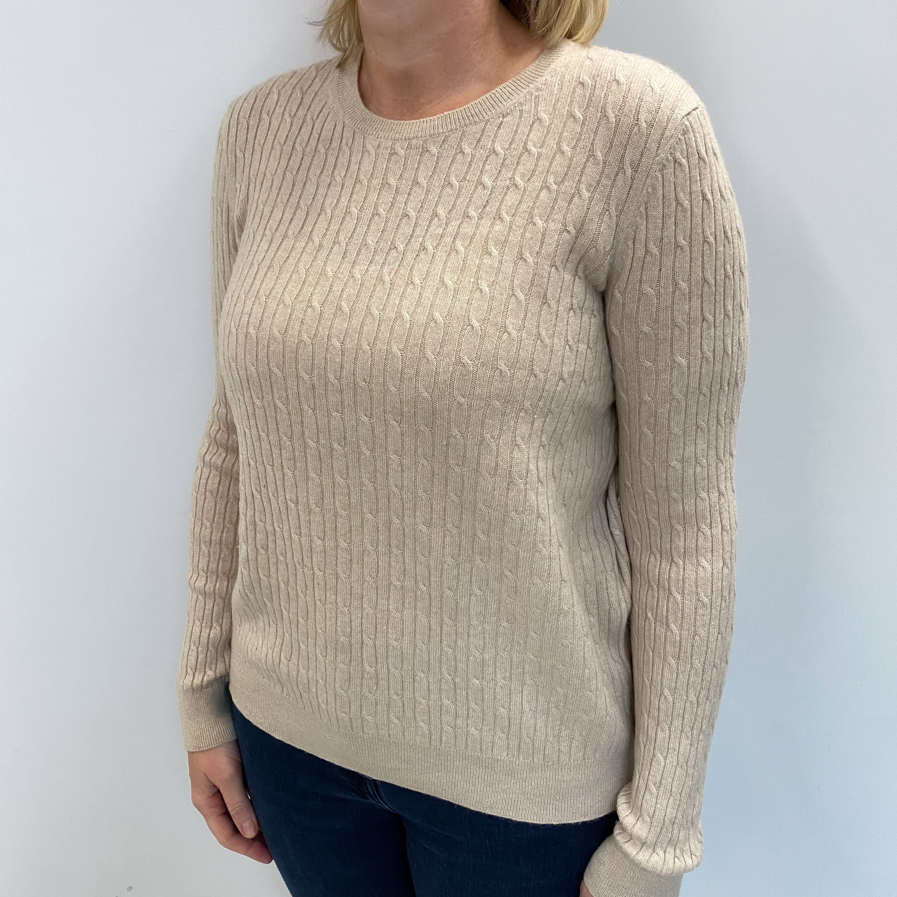 Biscuit Beige Cashmere Crew Neck Cable Knit Jumper Large