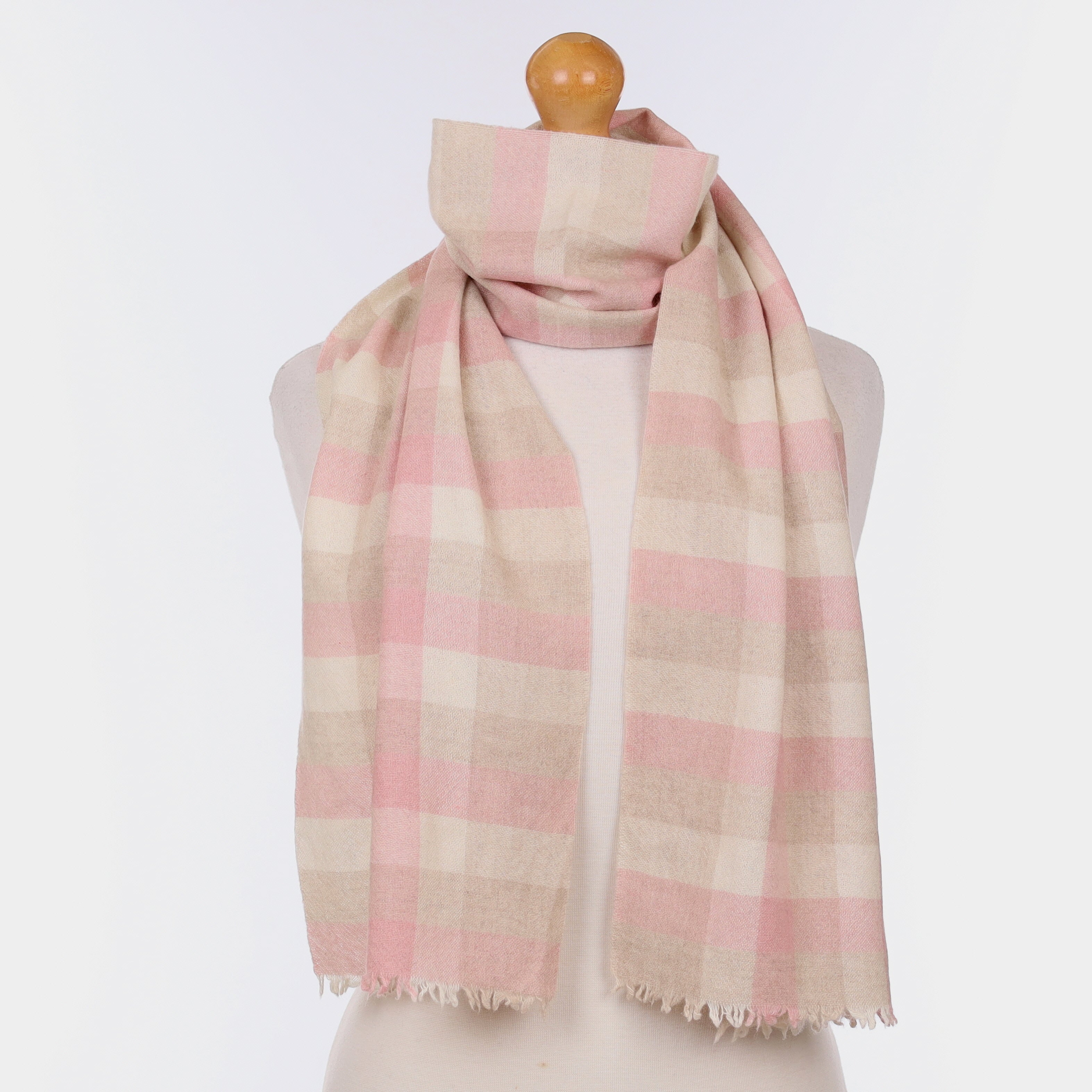 Pink And Beige Checked Cashmere Woven Scarf