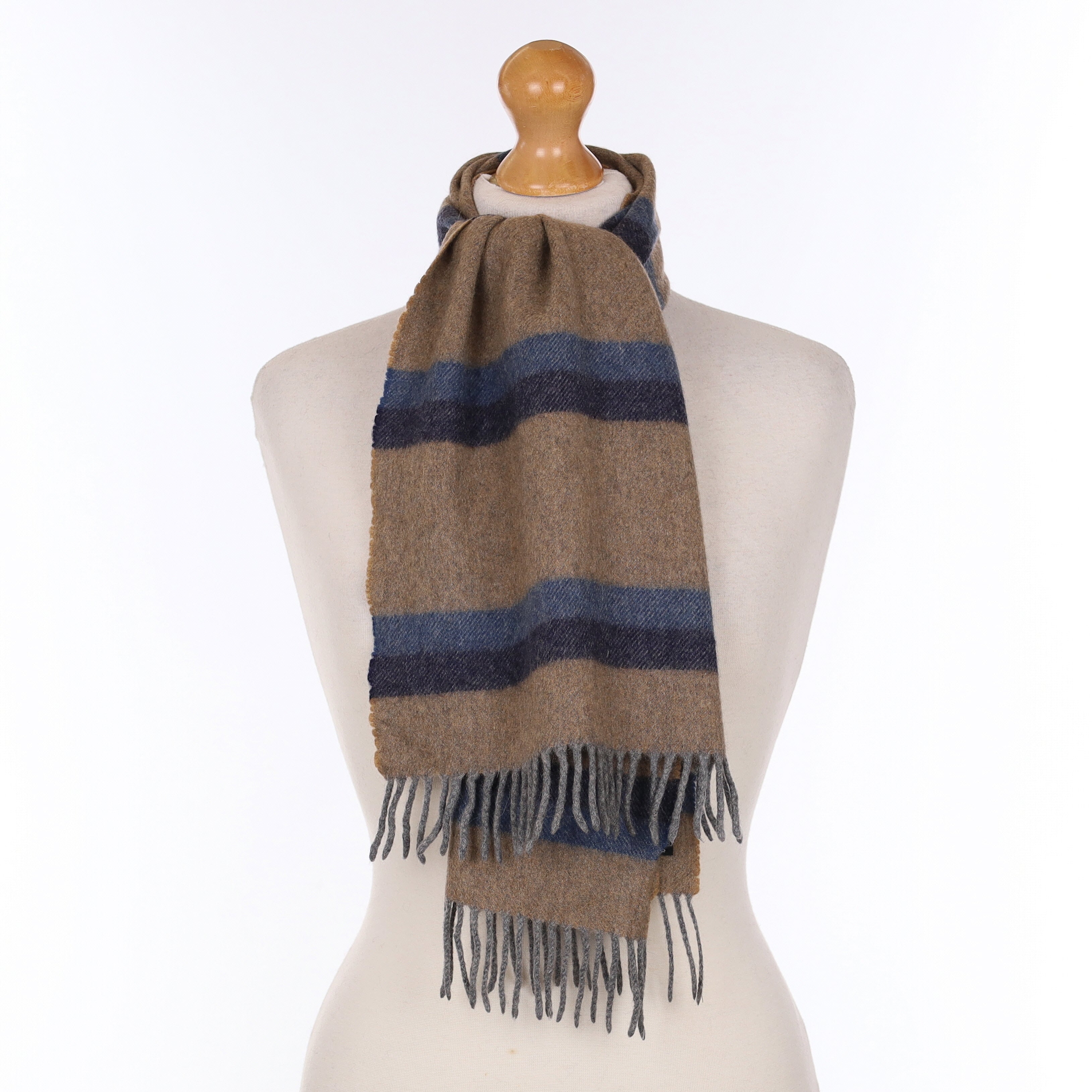 Beige And Blue Striped Cashmere Woven Scarf