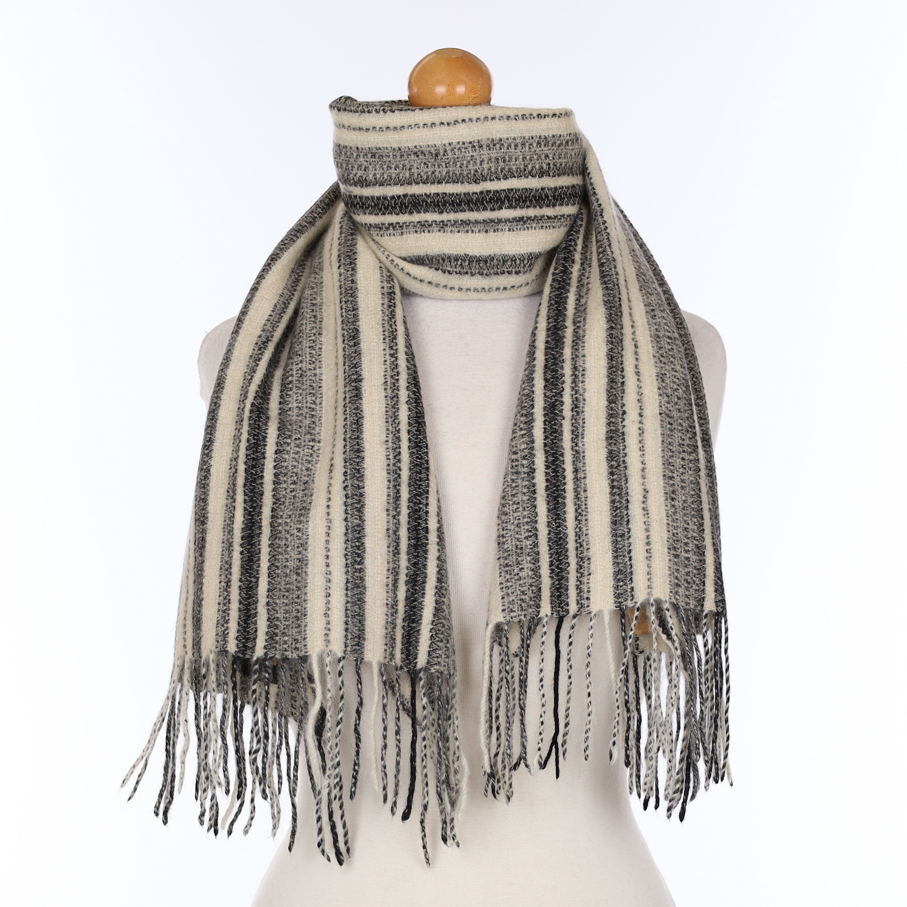 Cream And Black Striped Cashmere Woven Scarf