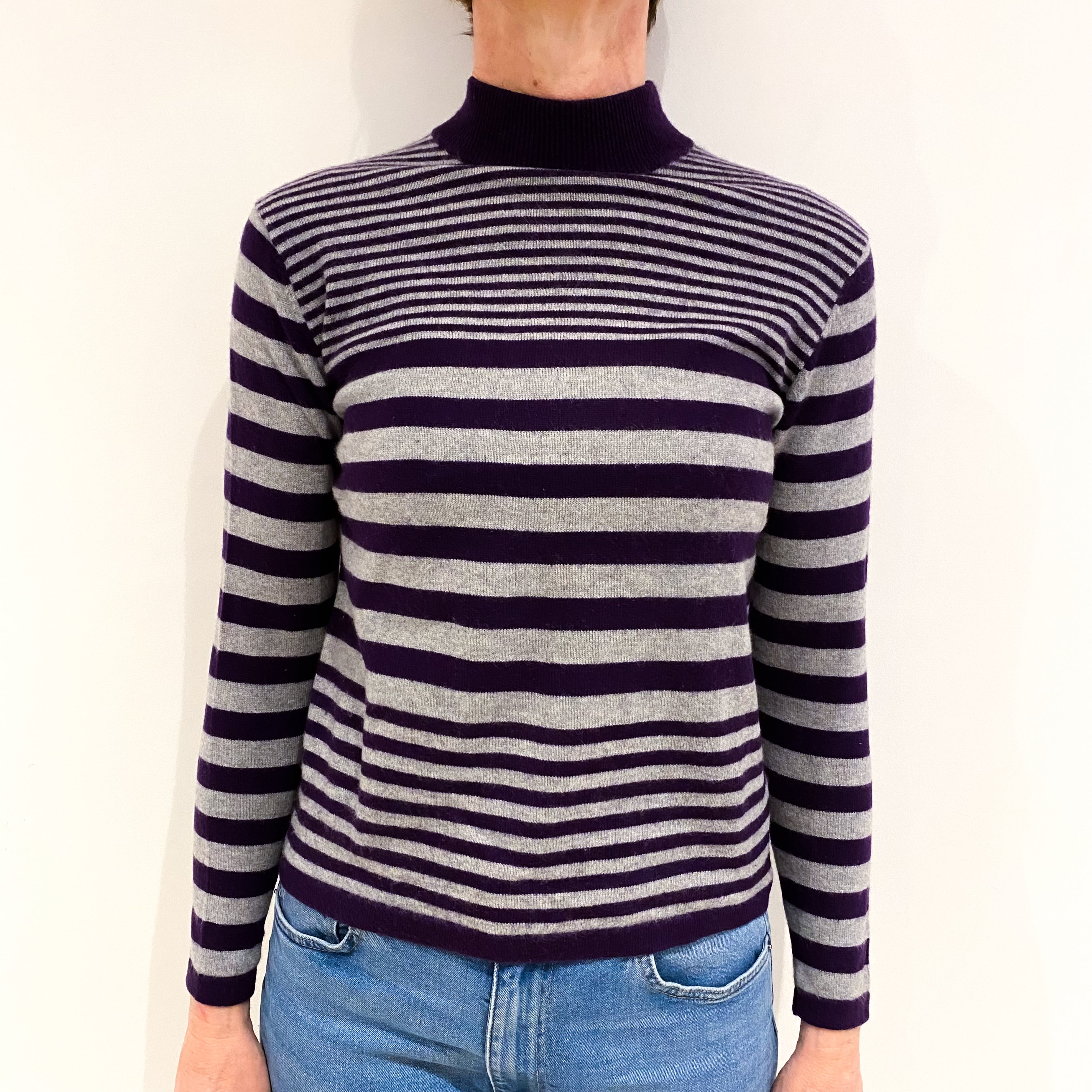 Purple And Grey Stipe Cashmere Turtle Neck Jumper Small