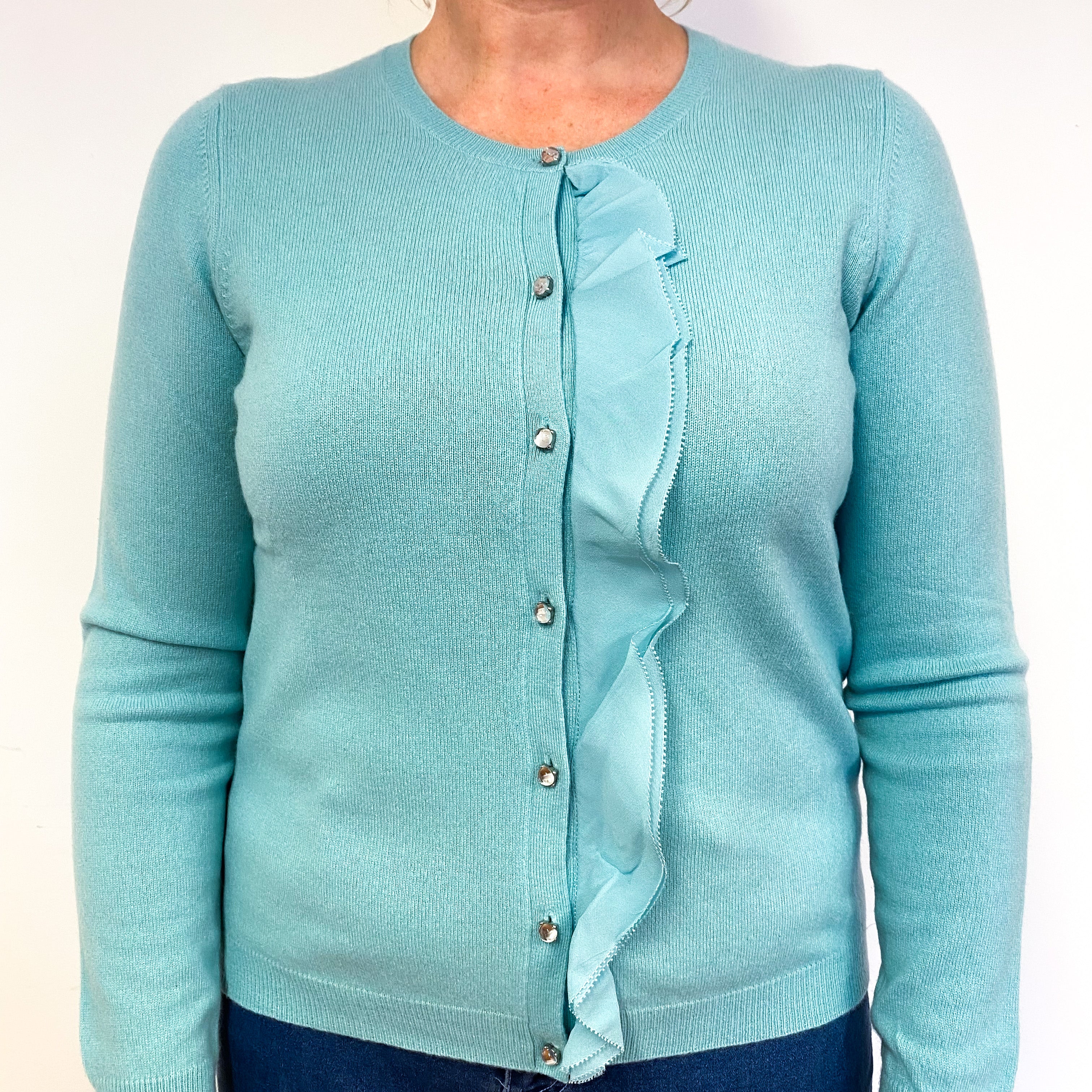 Deep Mint Green Frill Cashmere Crew Neck Cardigan Large