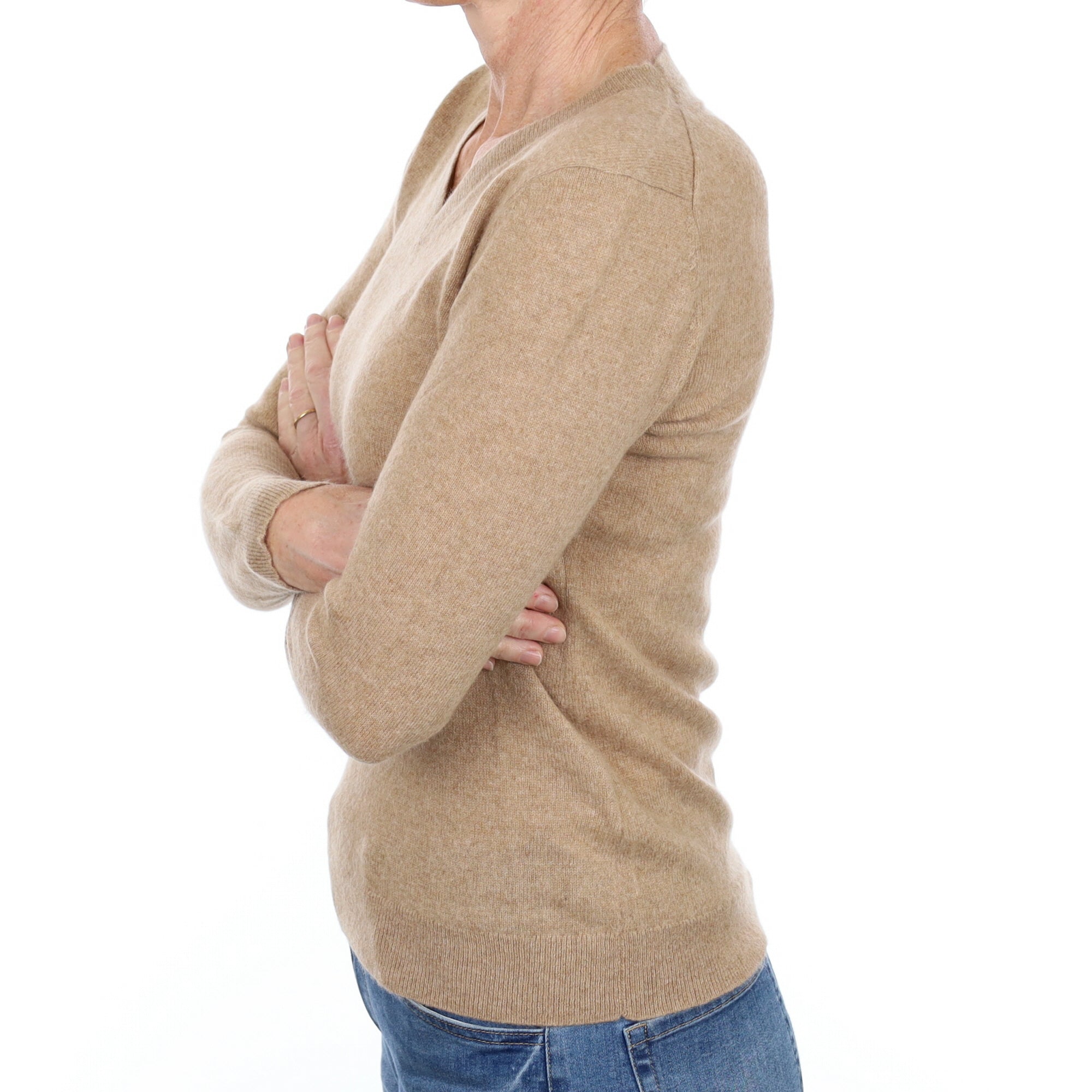 Biscuit Beige Cashmere V Neck Jumper Small