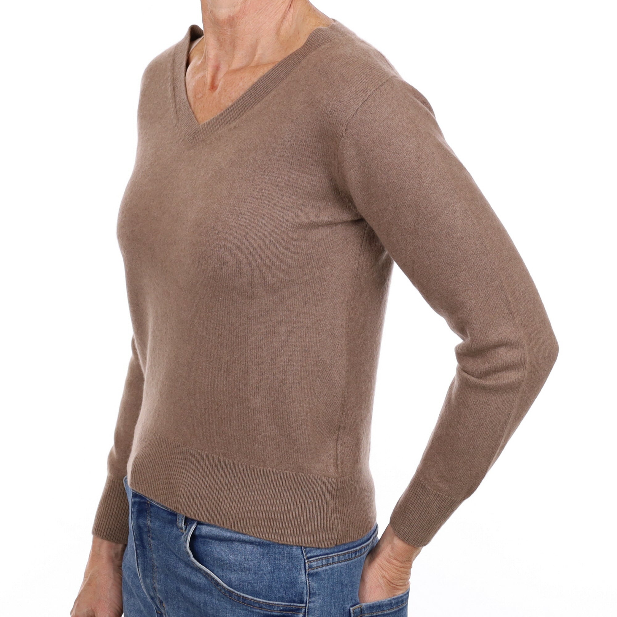 Mink Brown Cashmere V Neck Jumper Small