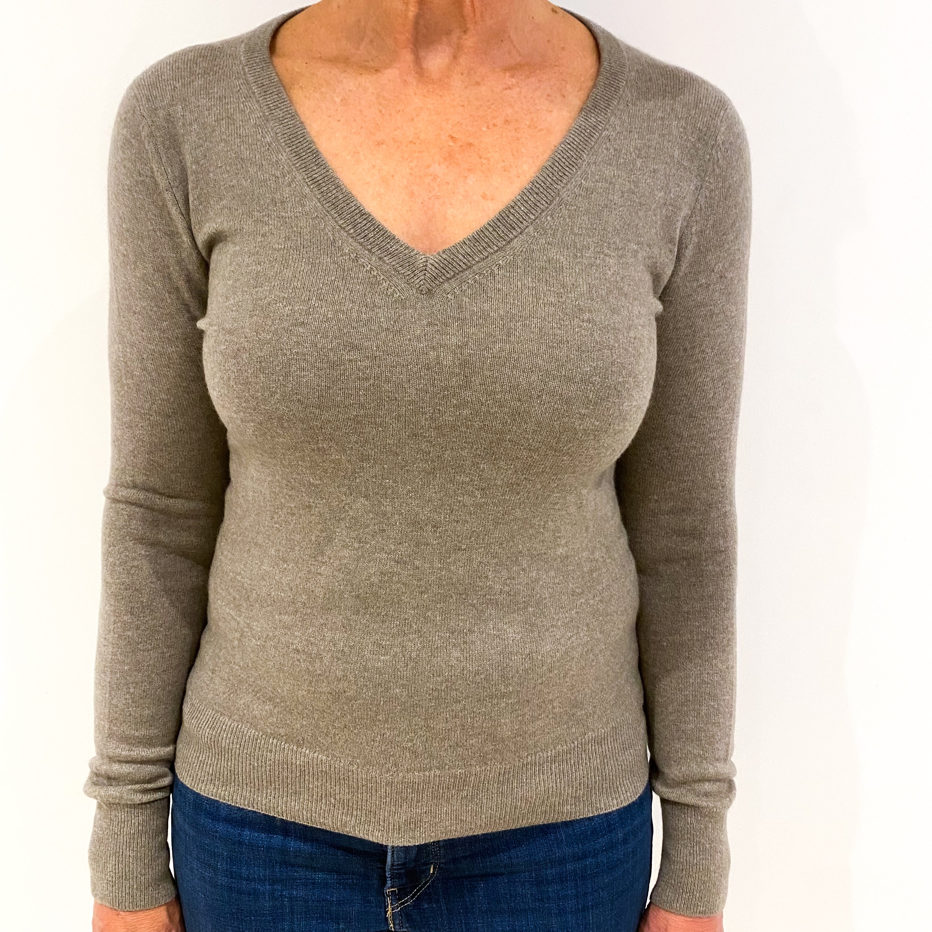 Latte Beige Cashmere V-Neck Jumper Medium Slim Fit