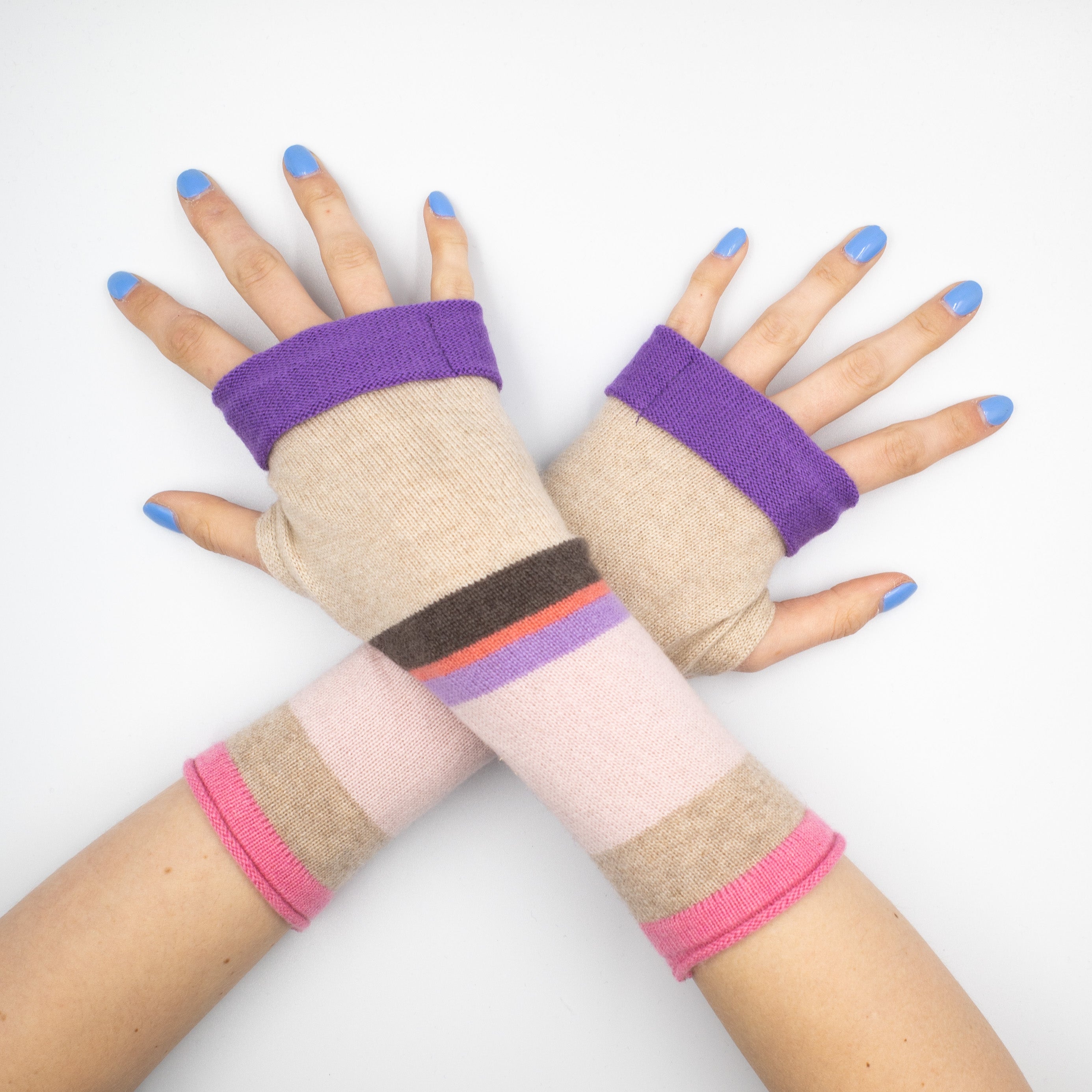 Purple Pink and Fawn Fingerless Gloves Striped
