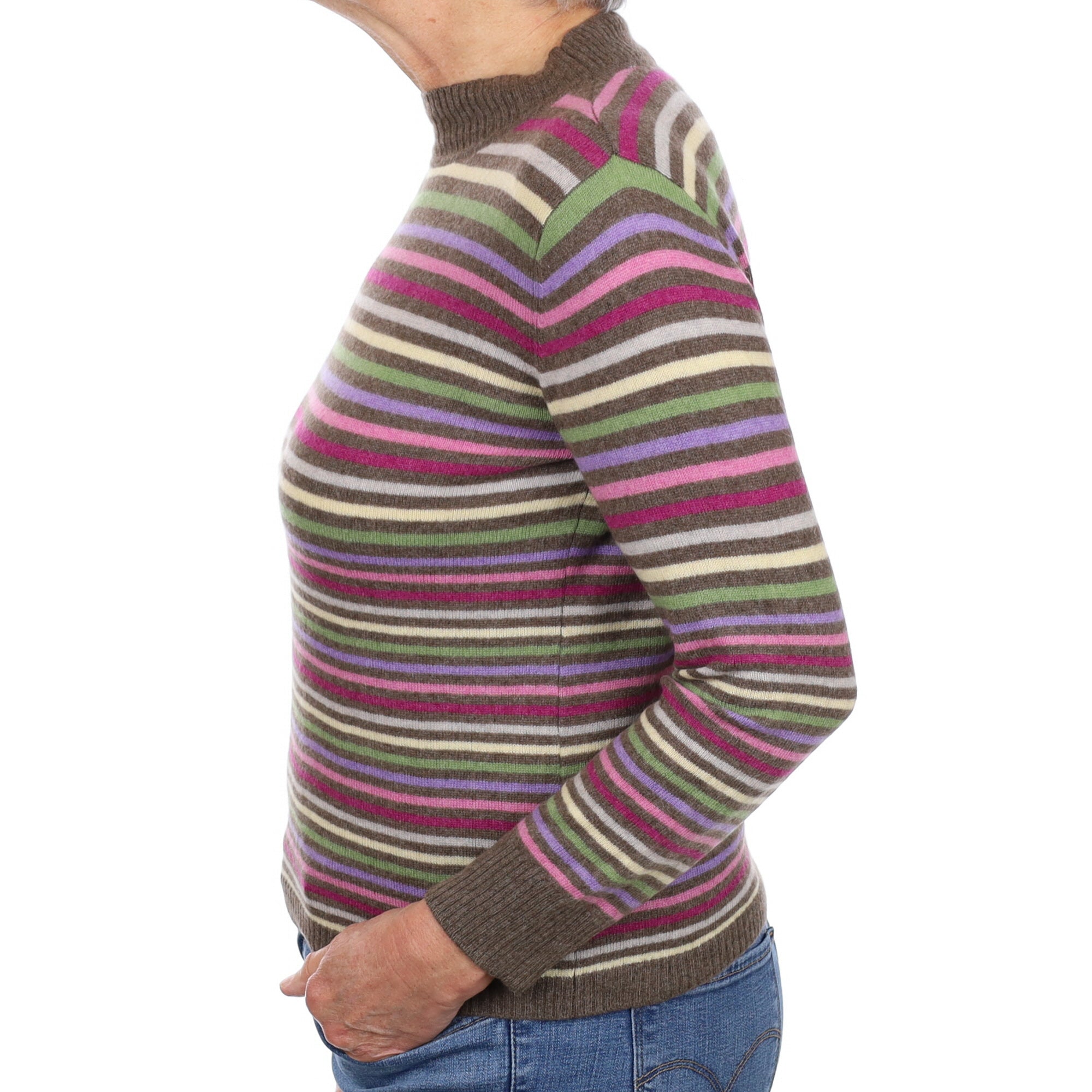 Brown Multicolour Stripe Cashmere Turtle Neck Jumper Medium