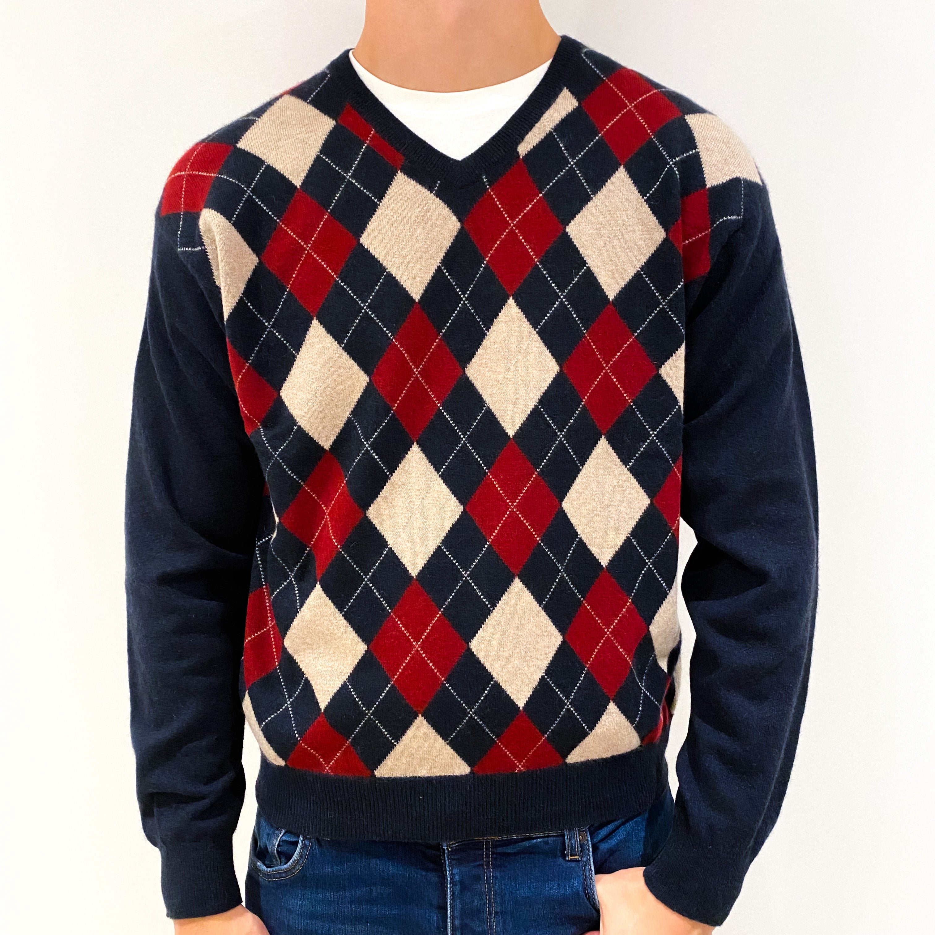 Men's Navy Red Argyle Cashmere V-Neck Jumper Extra Large