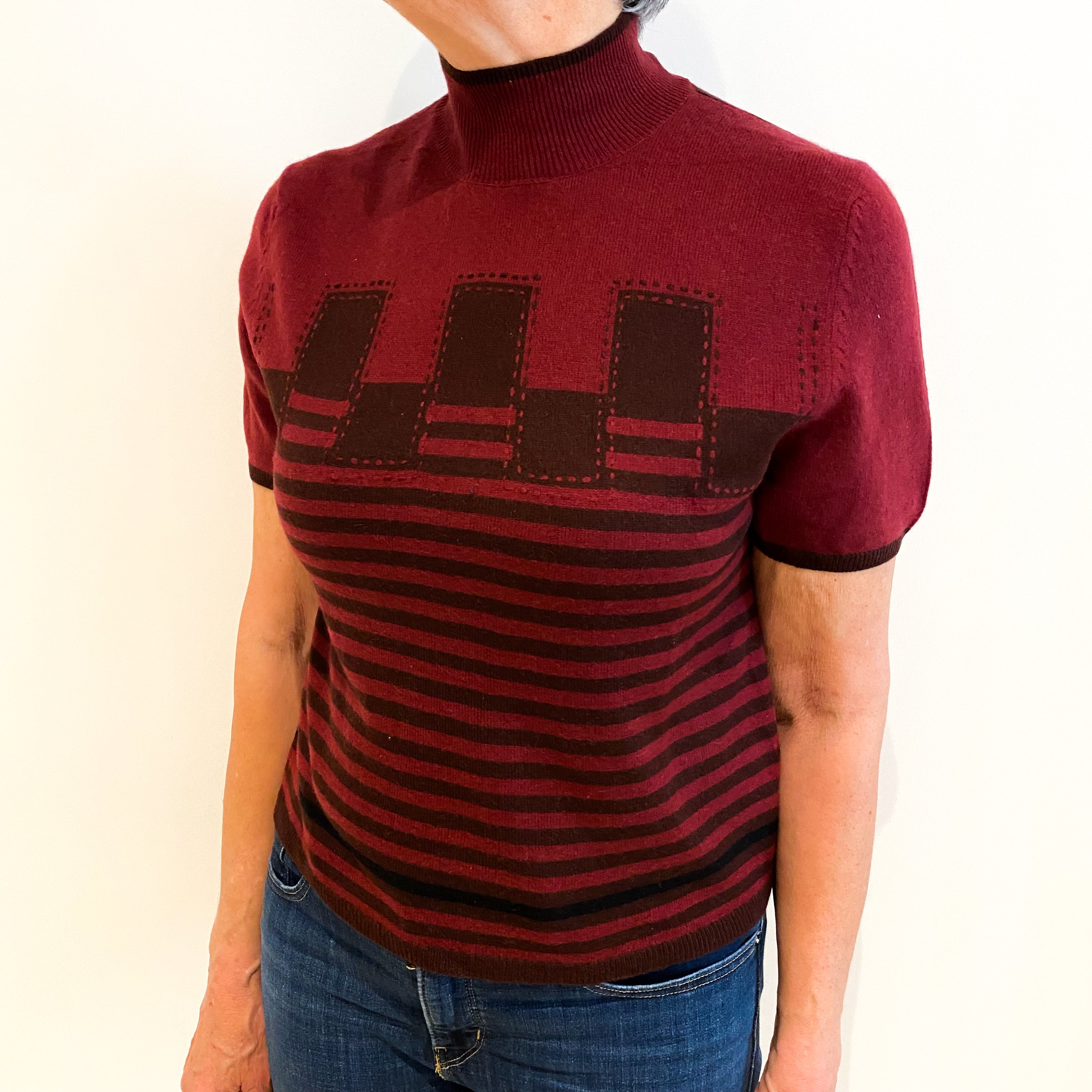 Maroon And Chocolate Patterned Cashmere Turtle Neck Short Sleeved Jumper Medium